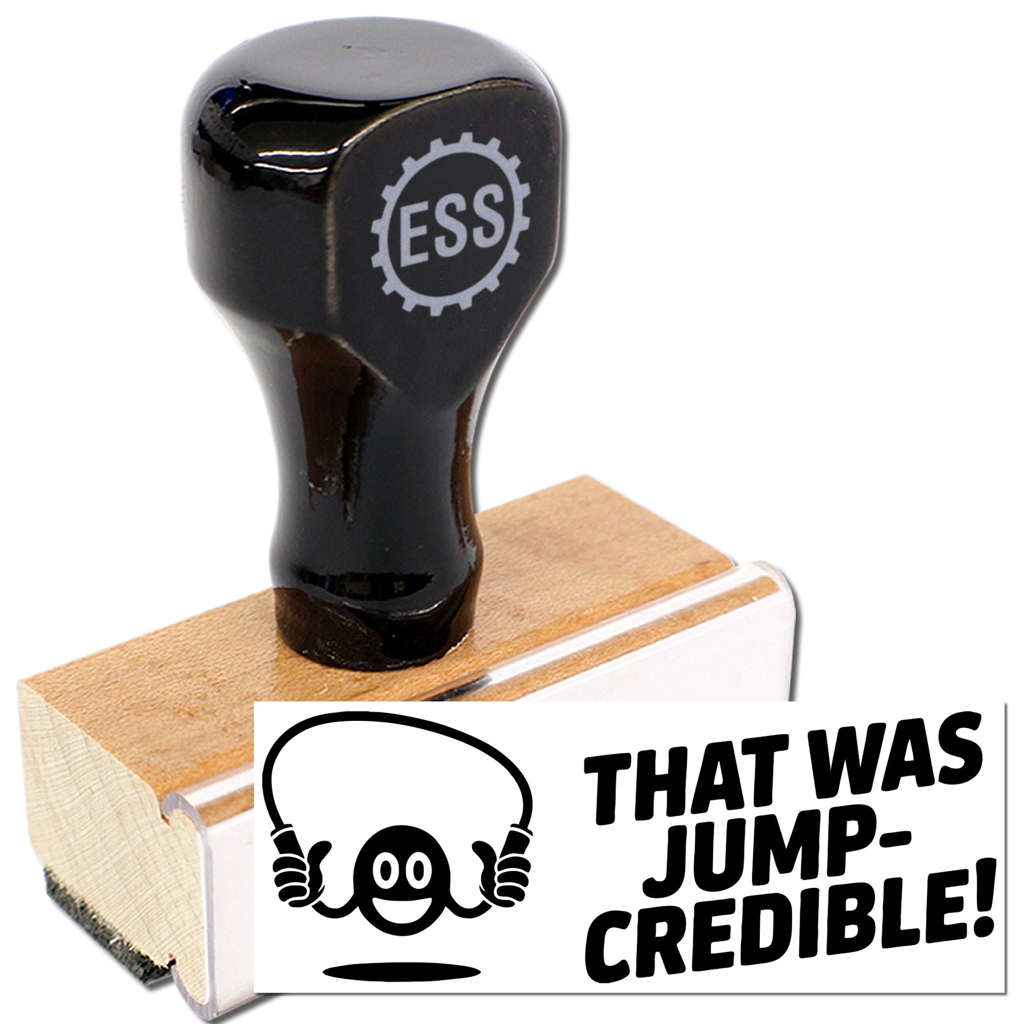 Black ESS stamp and wooden seal set with white base, showing That Was Jump-Credible! graphic.