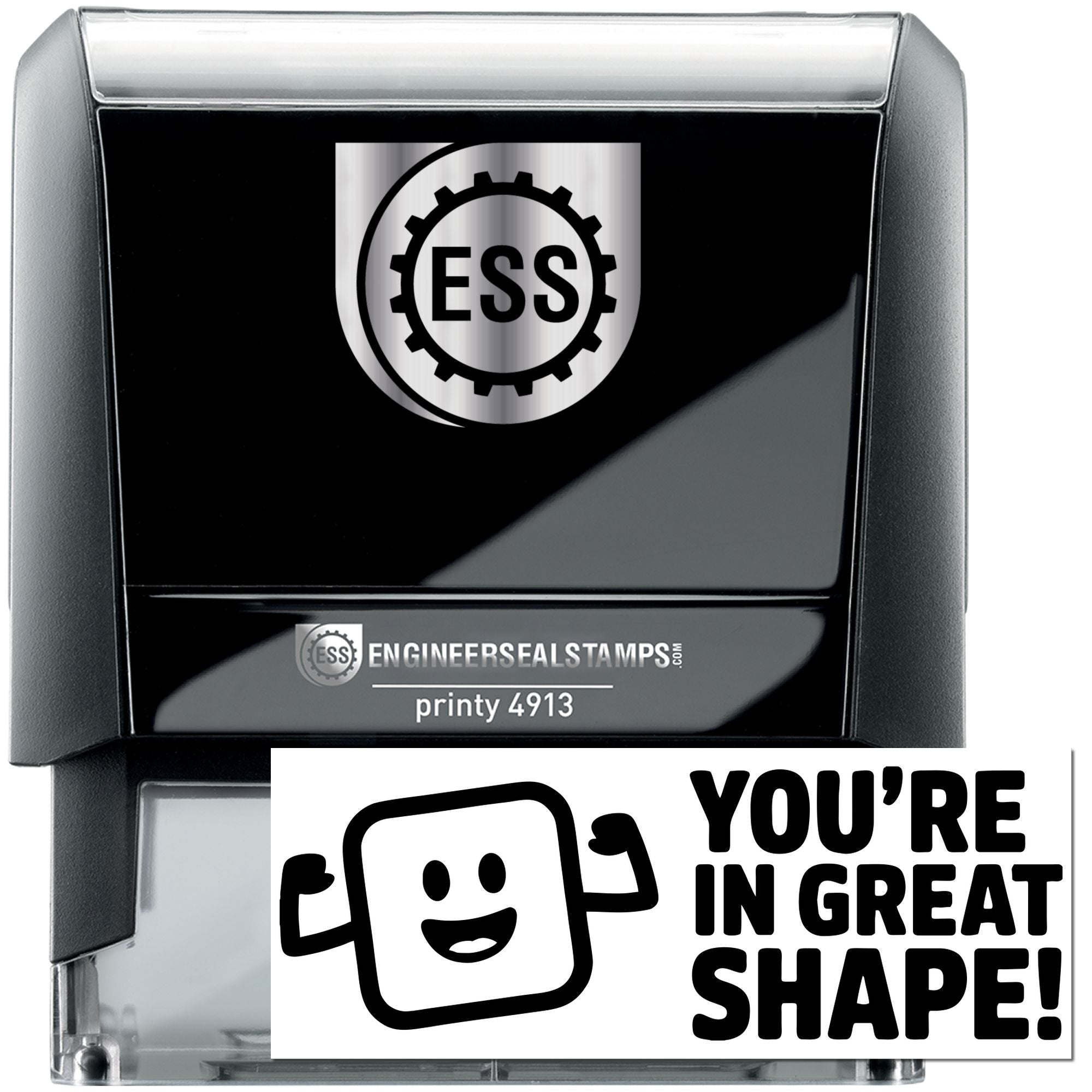 Black self-inking engineer seal stamp, glossy black with silver ESS gear logo and printy 4913 label in clear case