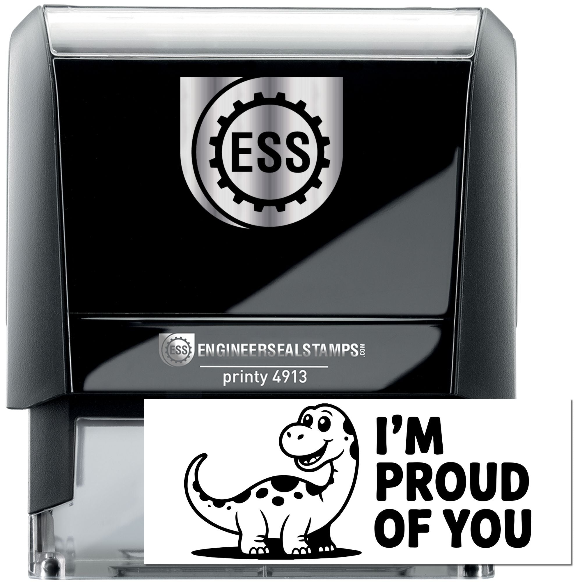 Black self-inking ESS stamp and seal set with silver trim and a white dinosaur IM PROUD OF YOU insert.