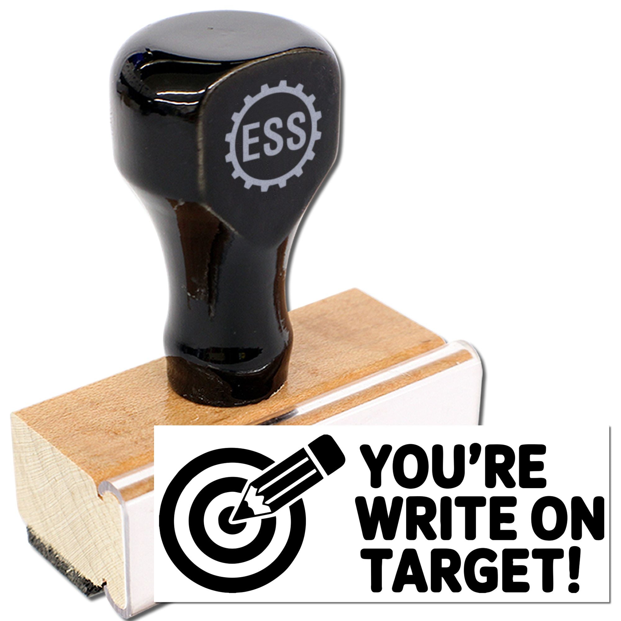 Black custom stamp and seal with ESS logo, wooden base, and Youre Write on Target! graphic