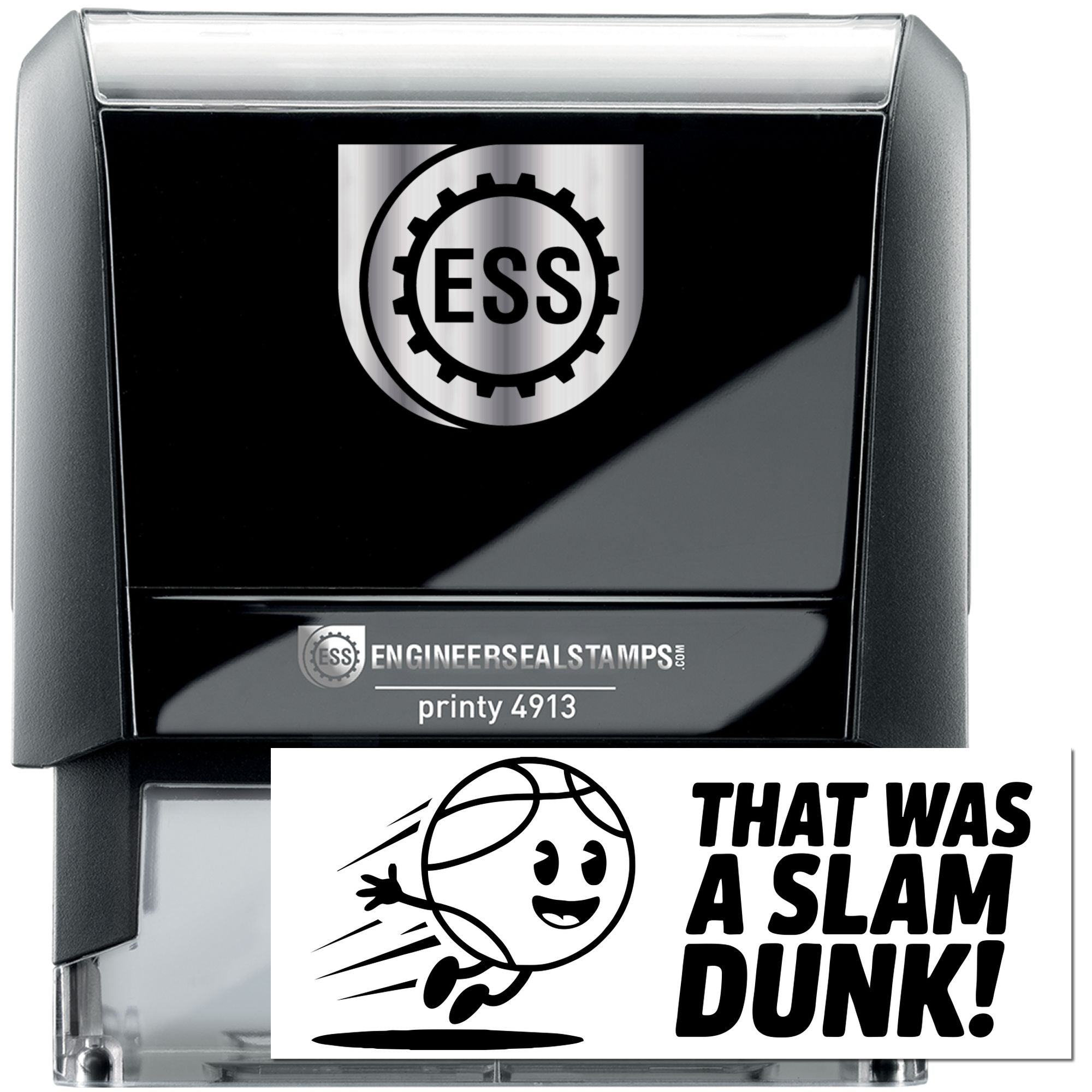 Black self-inking ESS stamp and seal set with silver logo plate and That Was a Slam Dunk! imprint.