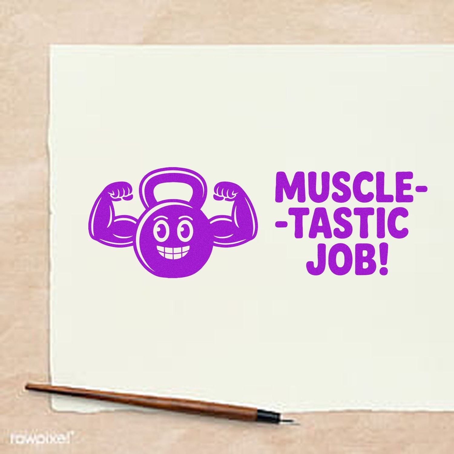 Purple rubber stamp seal with flexing kettlebell mascot and Muscle-tastic Job! on cream paper.