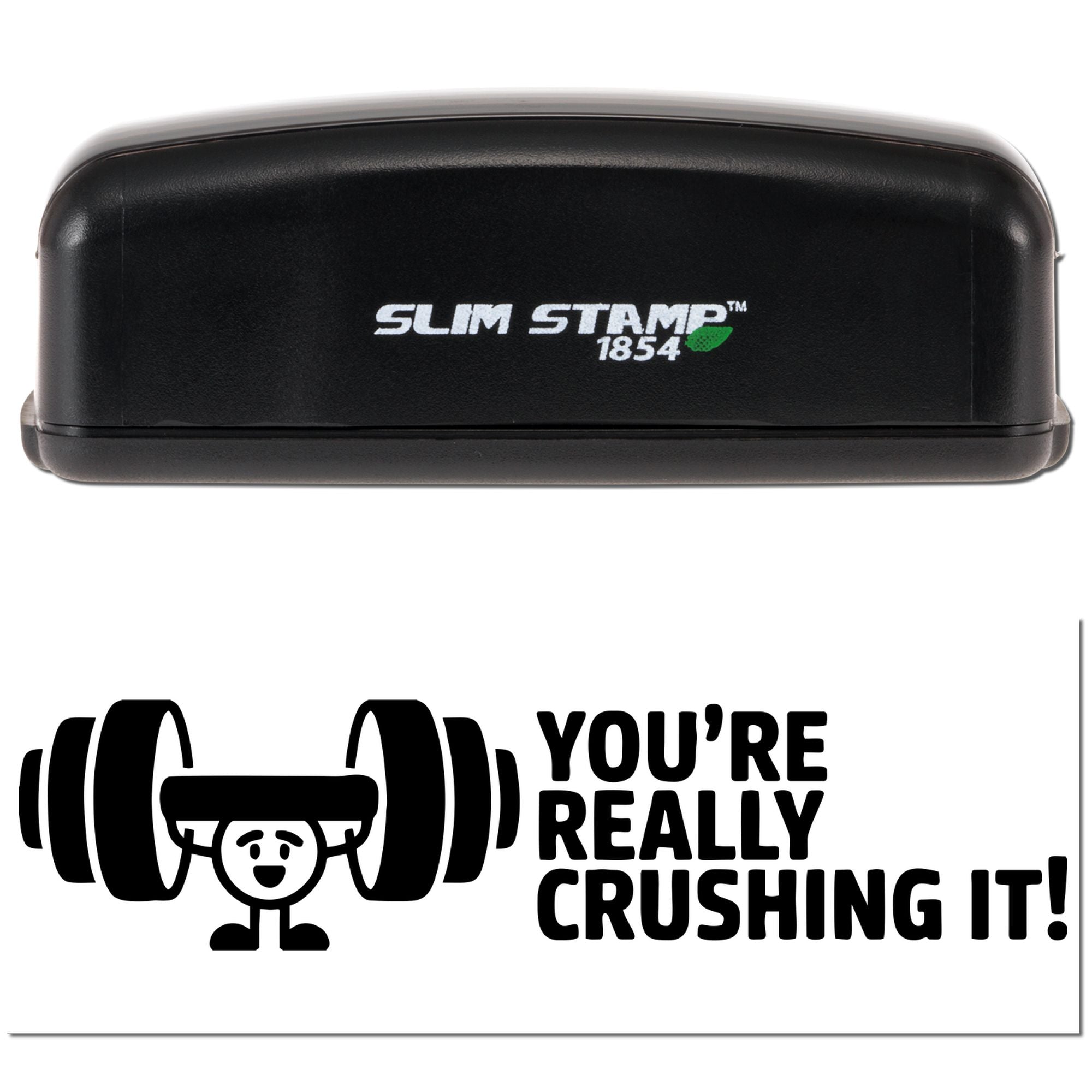 Black Slim Stamp 1854 stamp and seal with white lettering and green accent, above dumbbell graphic and Youre Really Crushing It!