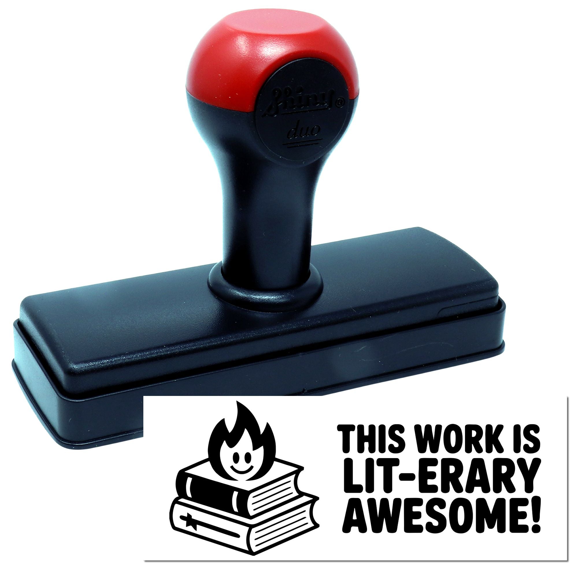 Red and black self-inking stamp and library seal with This work is lit-erary awesome! design.