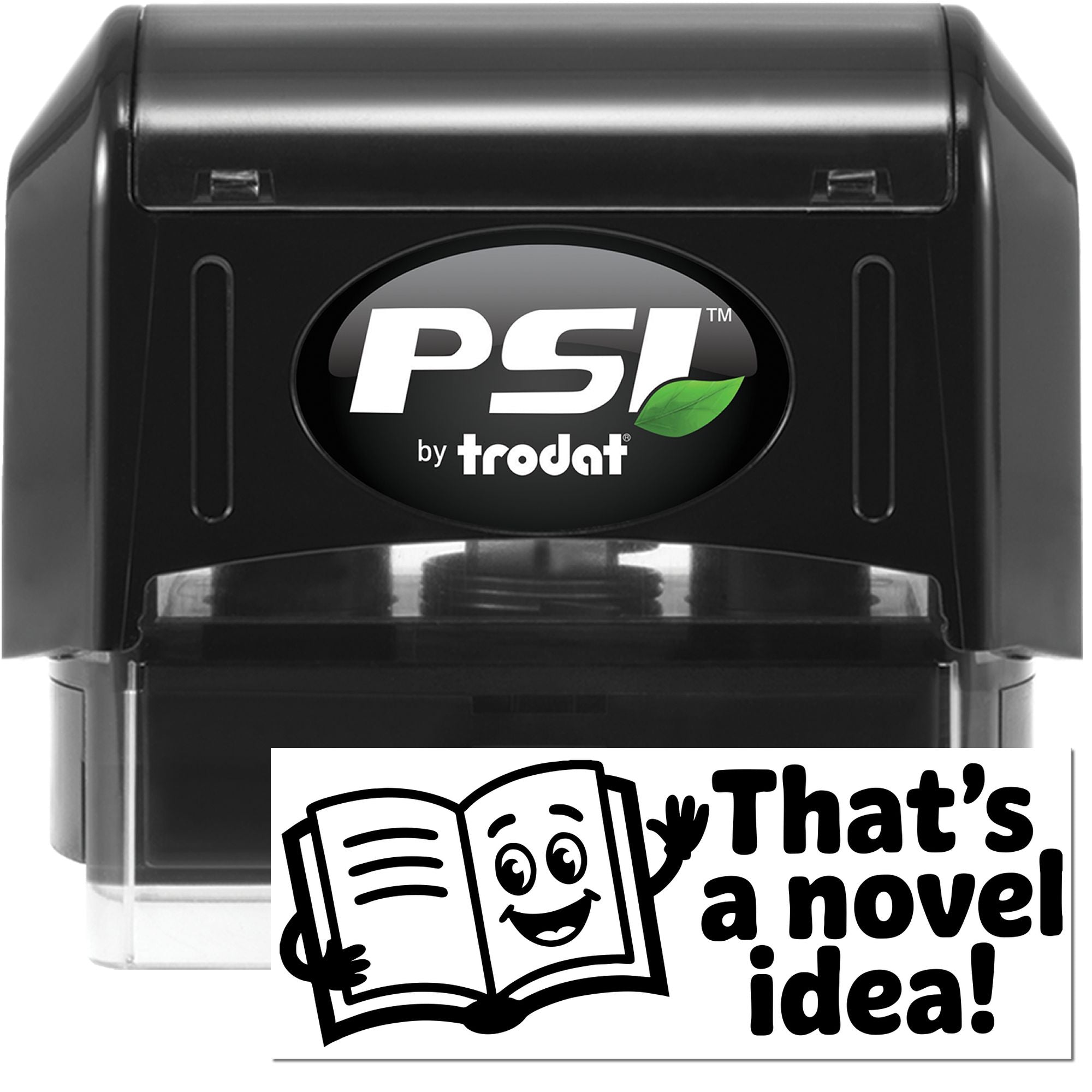 Black PSI by Trodat self-inking stamp and novelty seal with white logo, green leaf accent, and clear base.