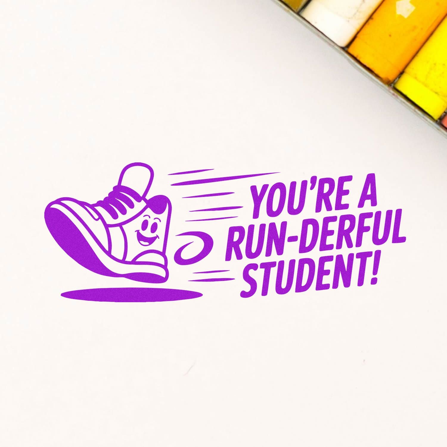 Purple stamp seal with smiling sneaker and Youre a run-derful student! in bold purple on a white background.