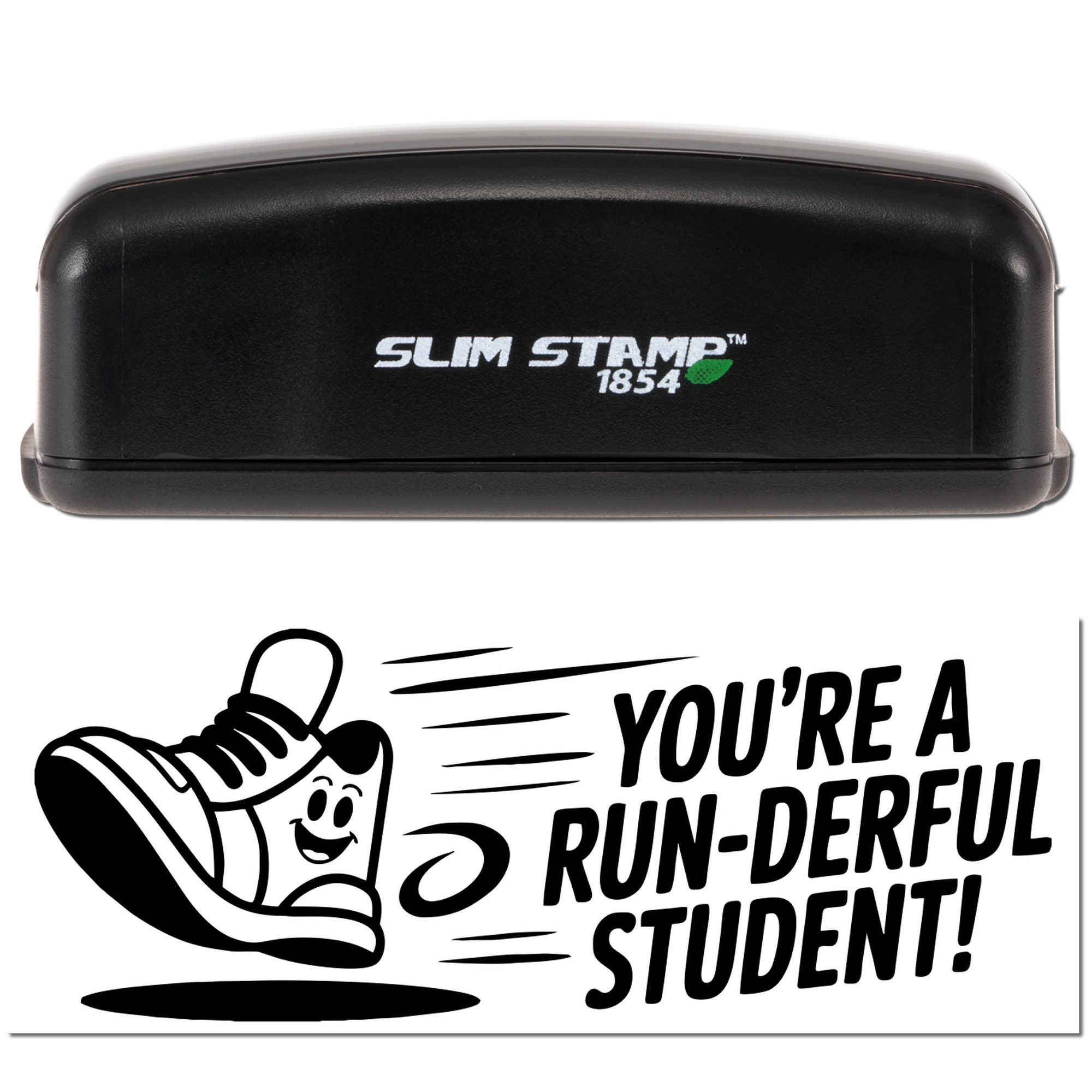 Black Slim Stamp 1854 case and matching rubber stamp seal with a cartoon runner, reading "You're a run-derful student!"