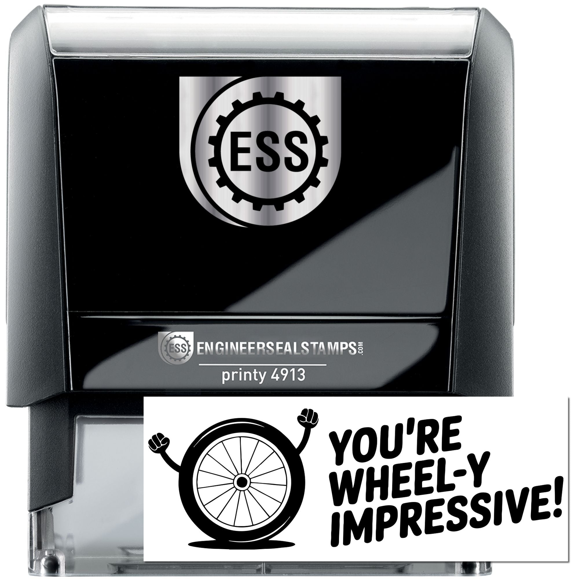 Black self-inking stamp and seal with ESS logo, silver top, and white wheelchair-themed insert reading Youre wheel-y impressive!
