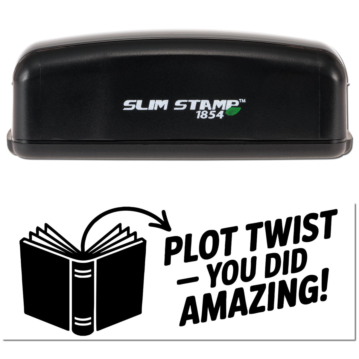 Trodat You Didn't Skip a Beat compact pre-inked feedback stamp in black with a slim design, used for quick and clear stamp impressions.