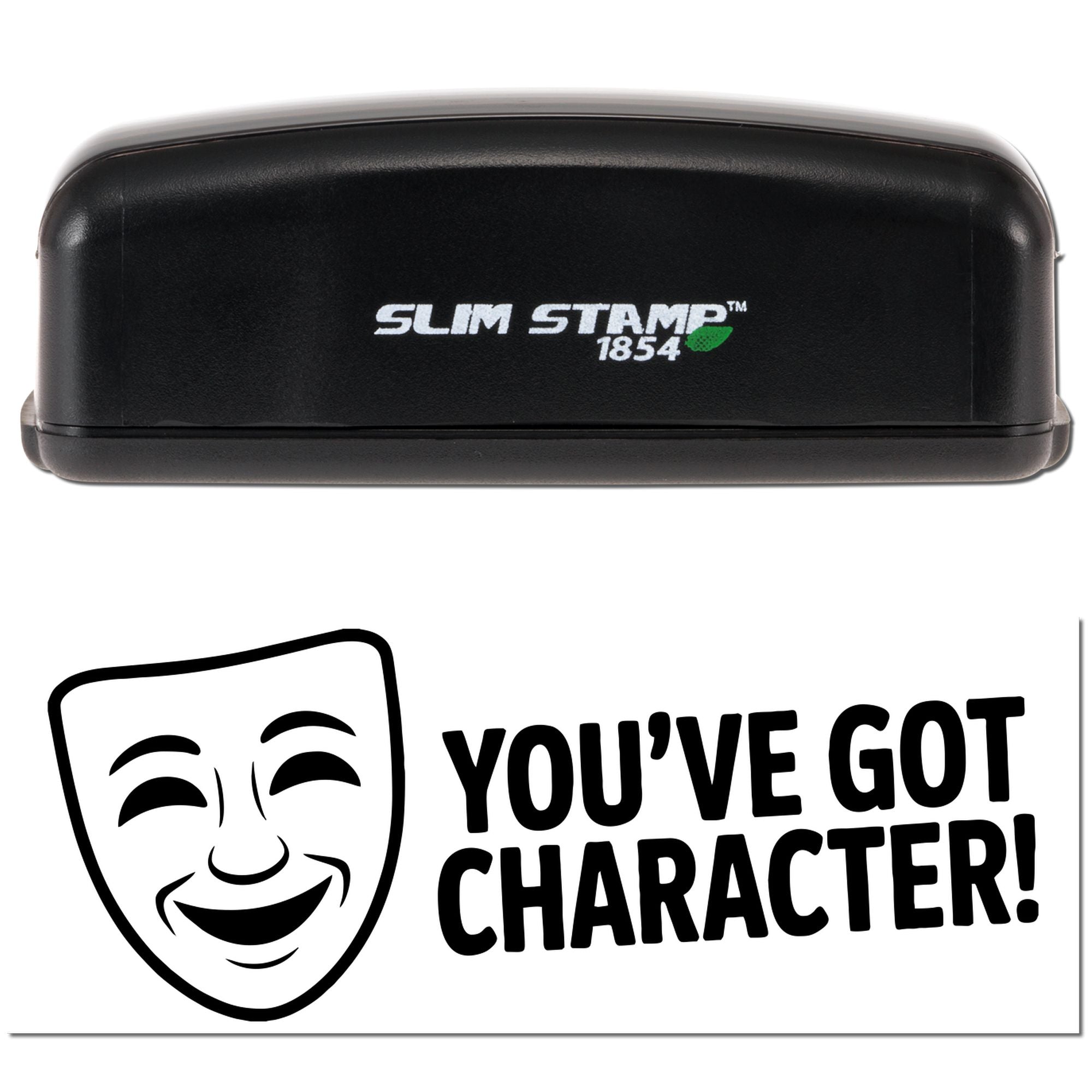Black Slim Stamp 1854 embossing seal with white logo and sample seal reading Youve Got Character!