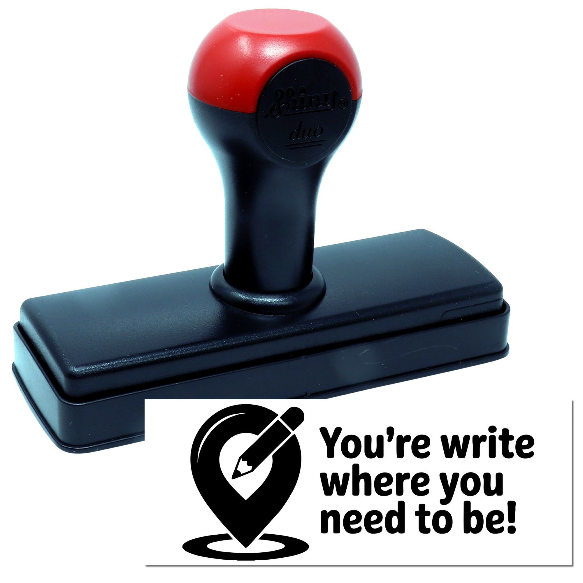 Red-and-black self-inking stamp and seal set with logo and slogan, Youre write where you need to be!
