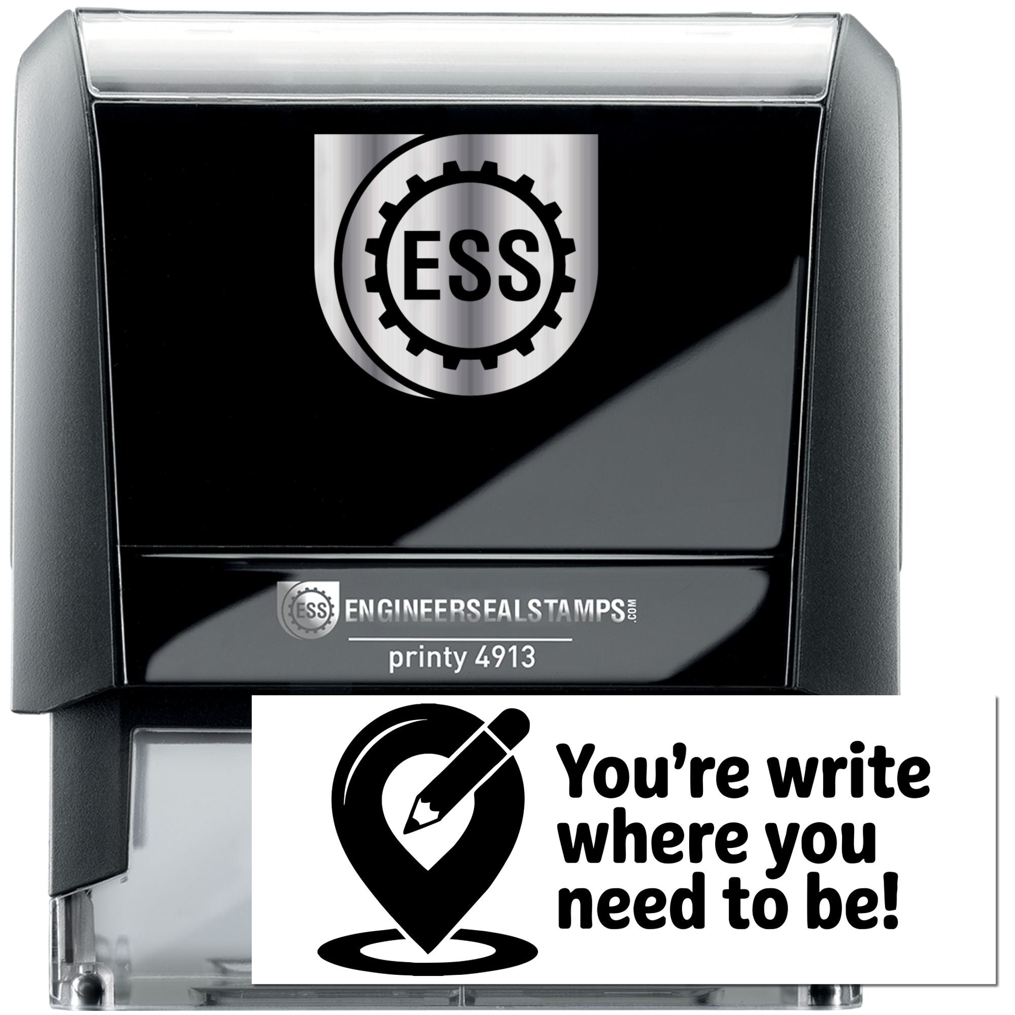 Black self-inking engineer seal stamp with silver accents, ESS logo, and white Youre write where you need to be! card.