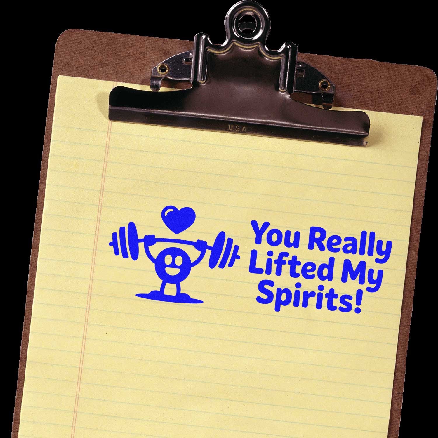 Blue stamp and seal design on yellow lined paper, with weightlifter, heart, and You Really Lifted My Spirits!