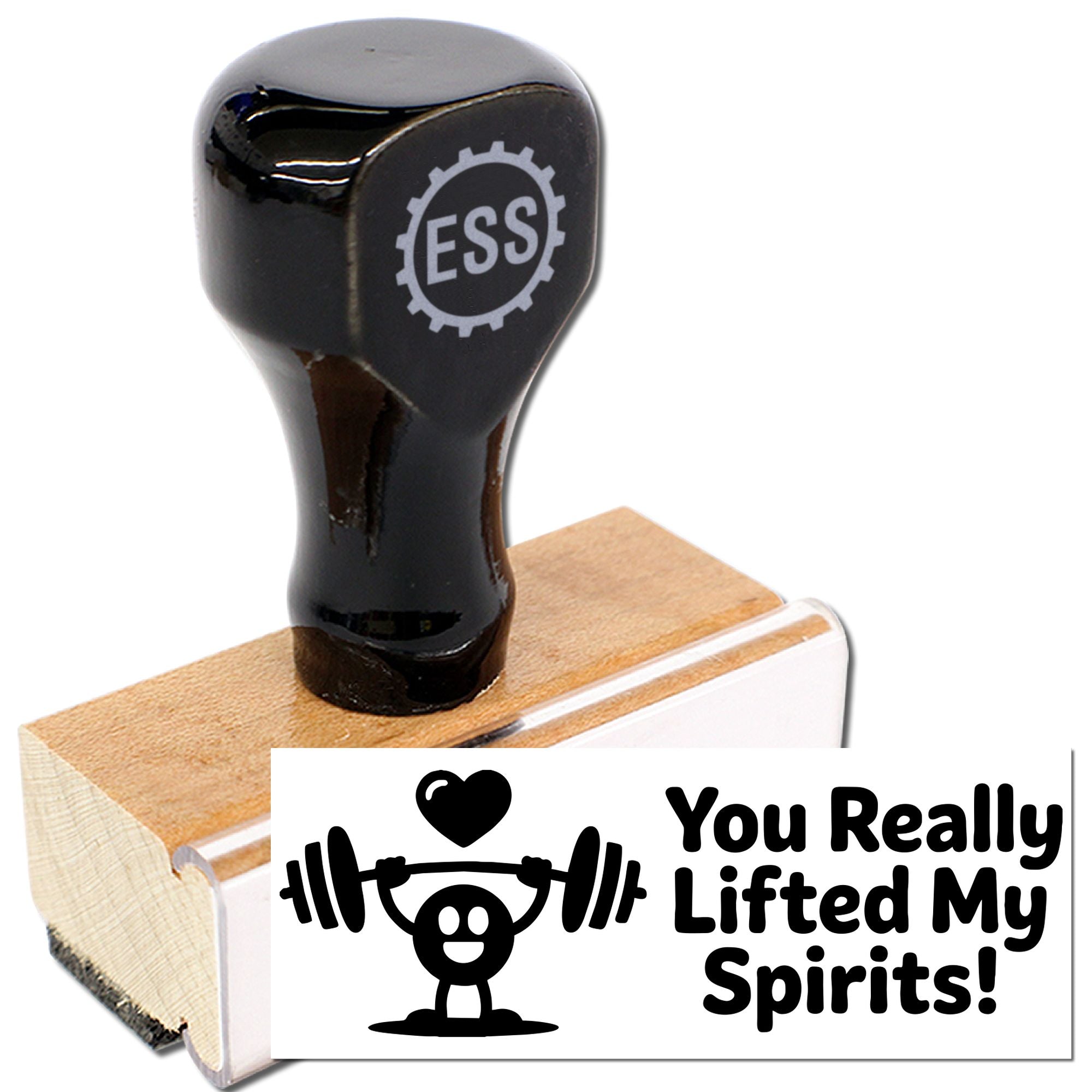 Black ESS rubber stamp on wooden mount with white seal design and You Really Lifted My Spirits! text