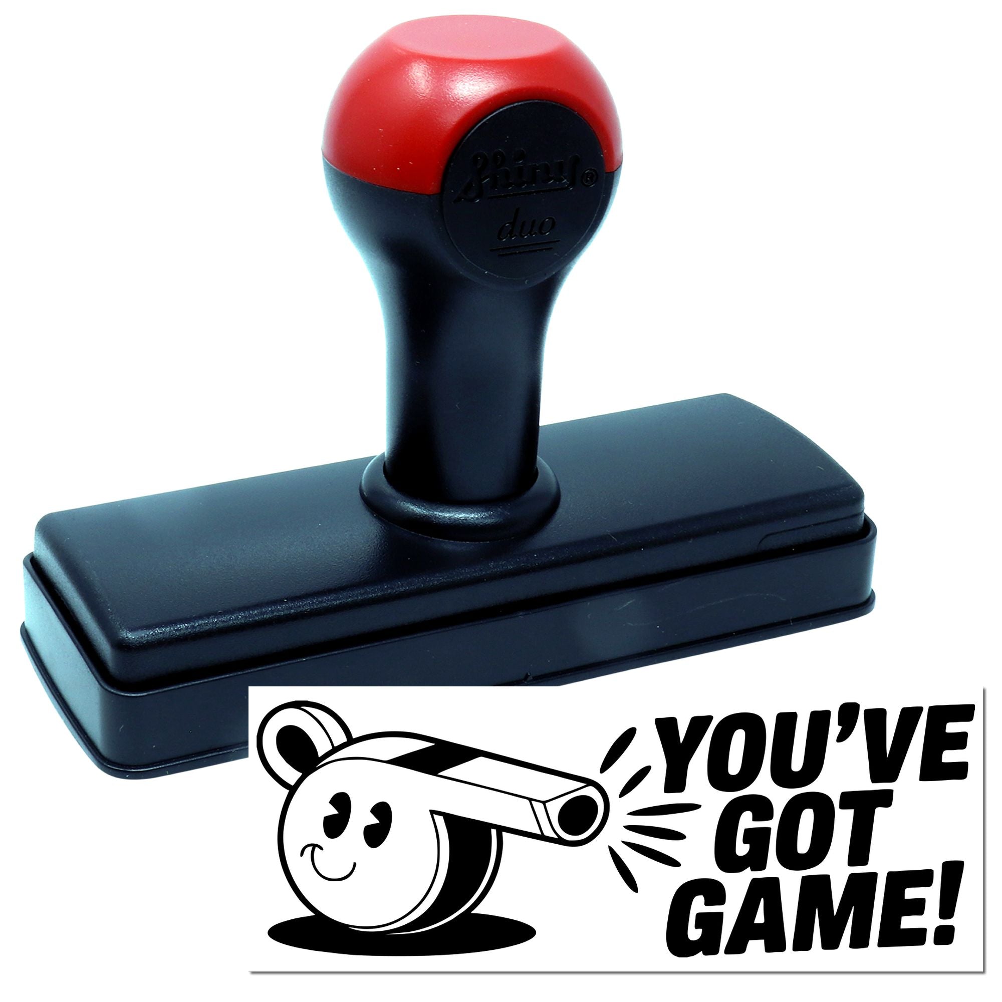 Black self-inking stamp with red handle and Youve Got Game! seal graphic.