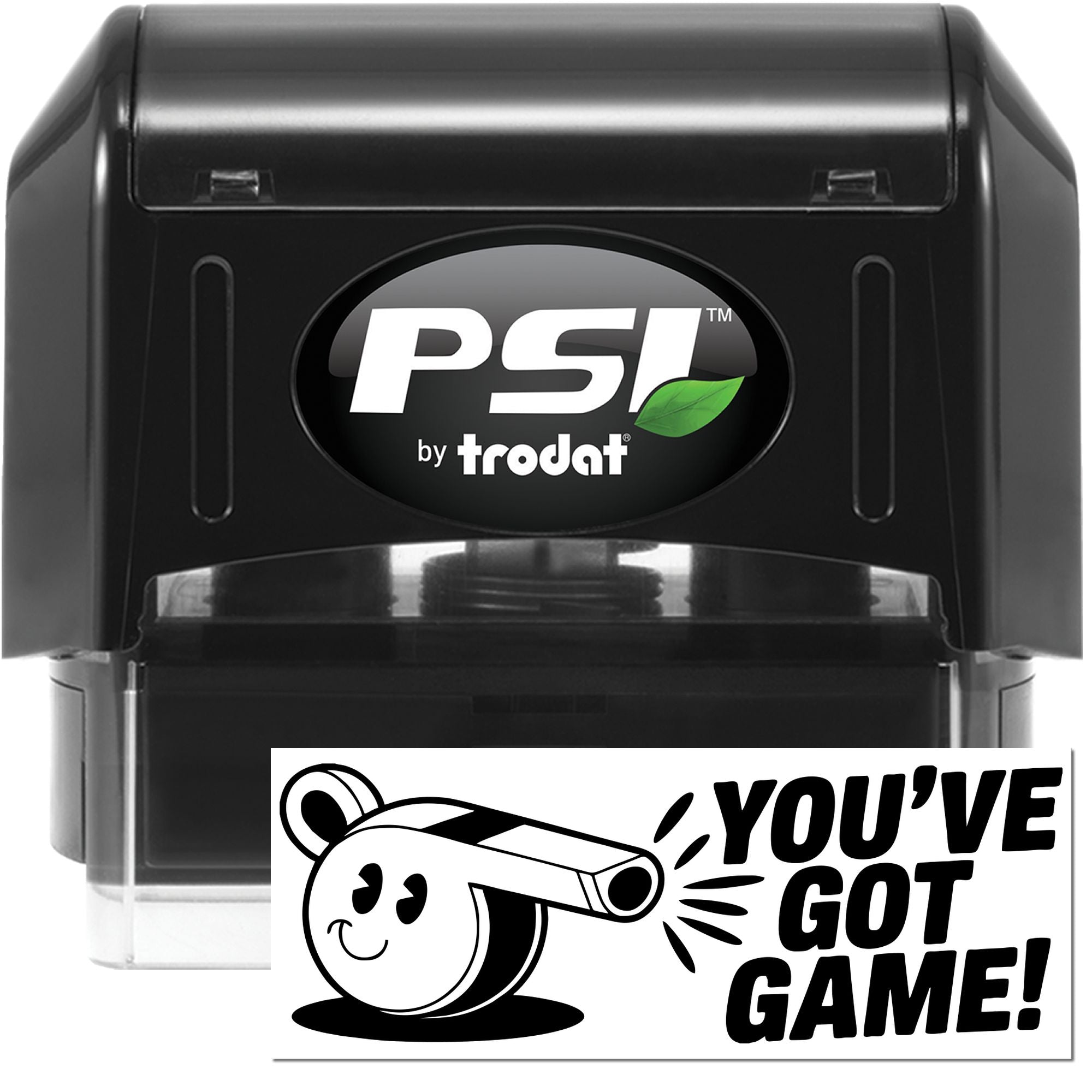 Black PSI by Trodat self-inking stamp and seal set, black casing with green leaf logo and white Youve Got Game! seal design.