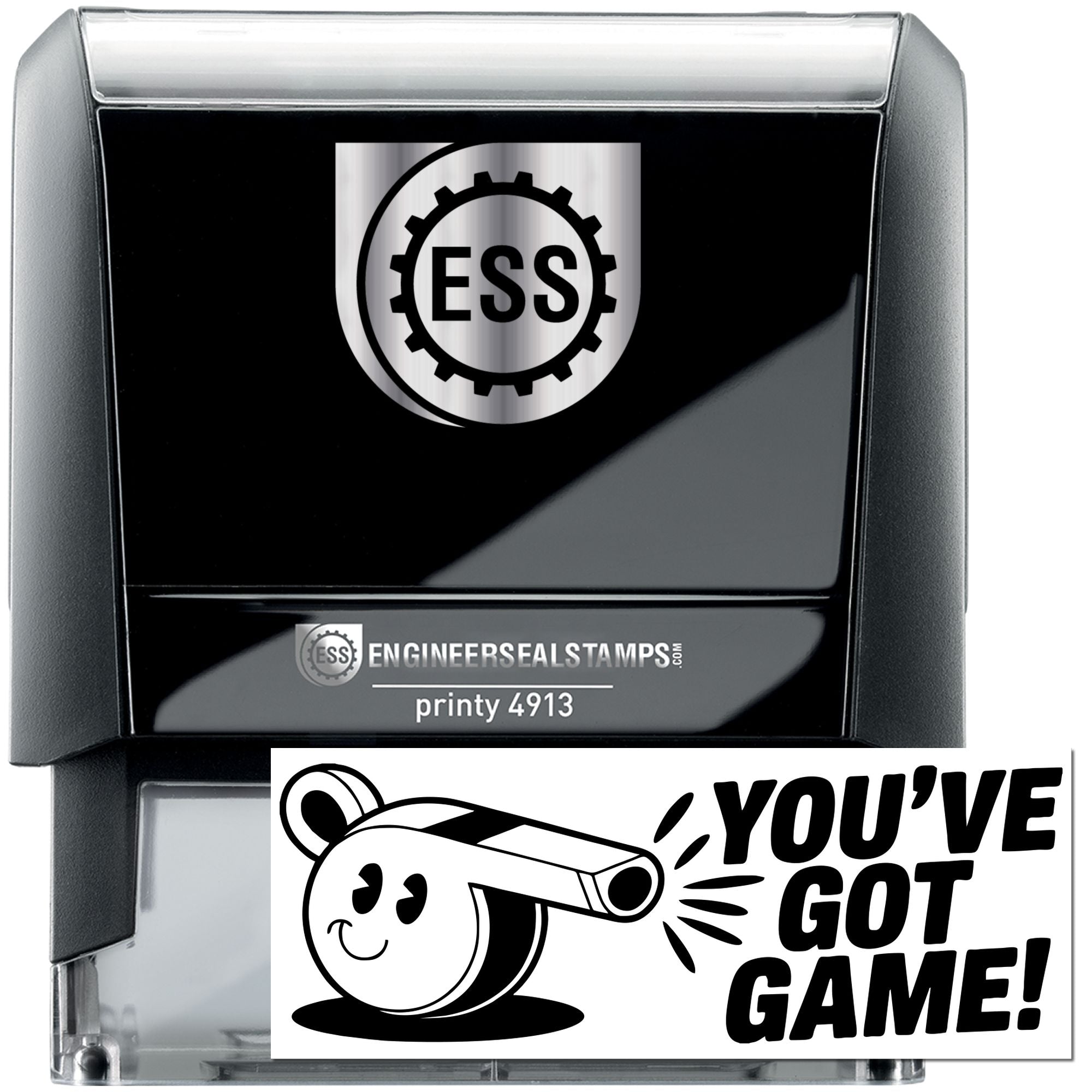 Black and silver ESS engineer seal stamp with gear logo, printy 4913, and Youve Got Game! graphic