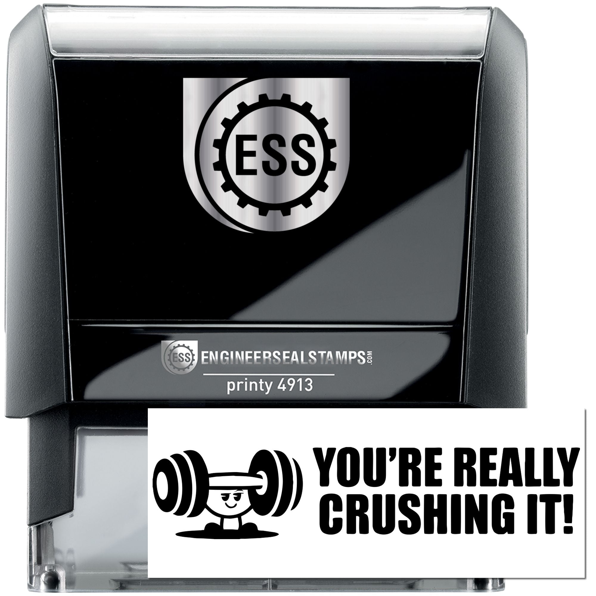 Black self-inking engineer seal stamp with silver ESS logo and sample white imprint reading Youre really crushing it!