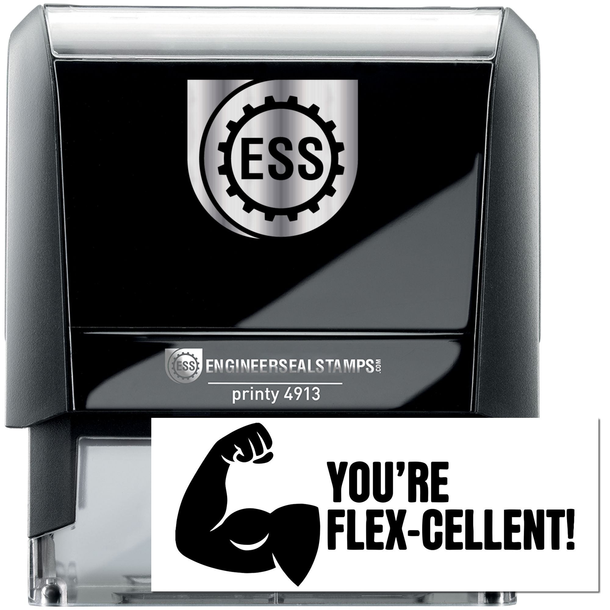 Black and silver Engineer Seal Stamps product with ESS logo, Printy 4913, and flexing arm Youre flex-cellent! design