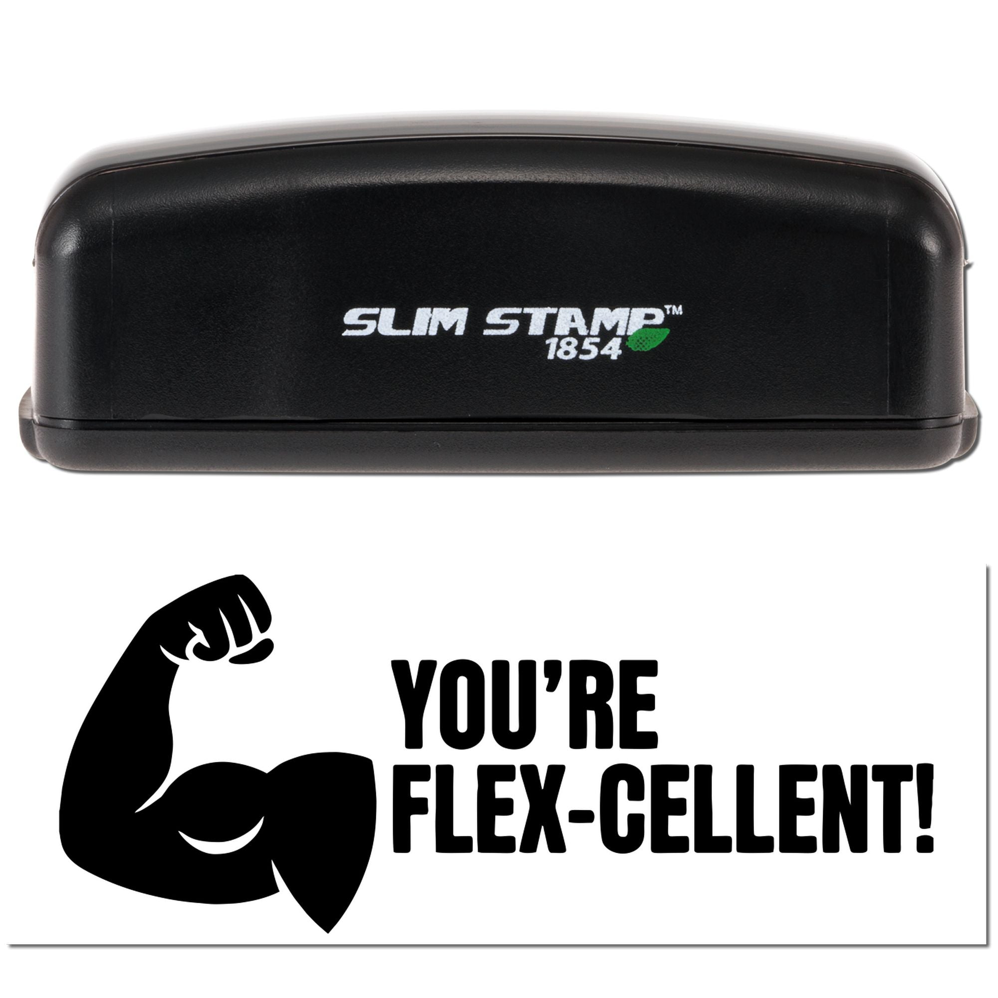 Black Slim Stamp 1854 self-inking stamp with green leaf logo and bold Youre Flex-cellent! flexing arm seal.
