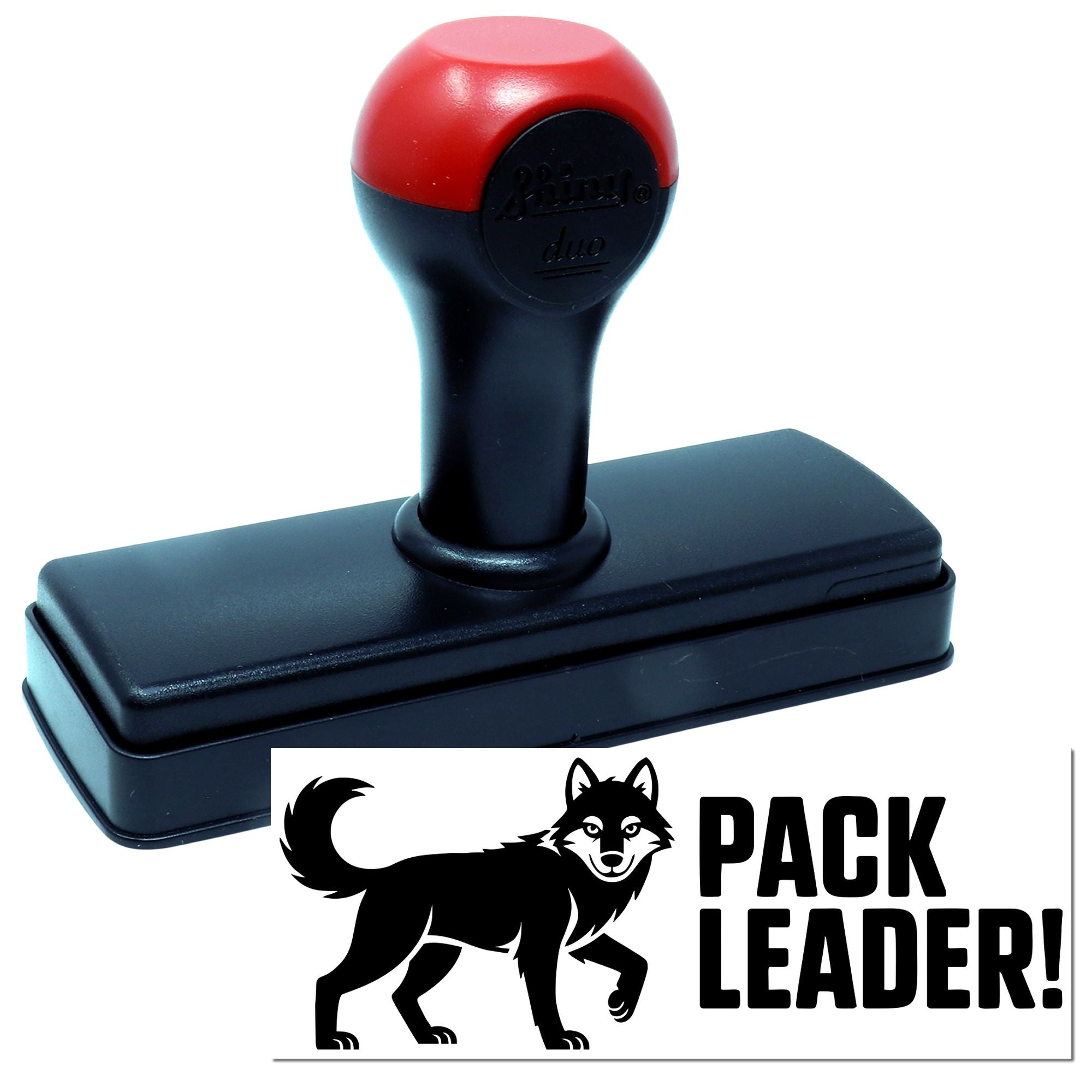 Red and black self-inking stamp and seal with wolf logo and bold PACK LEADER design.