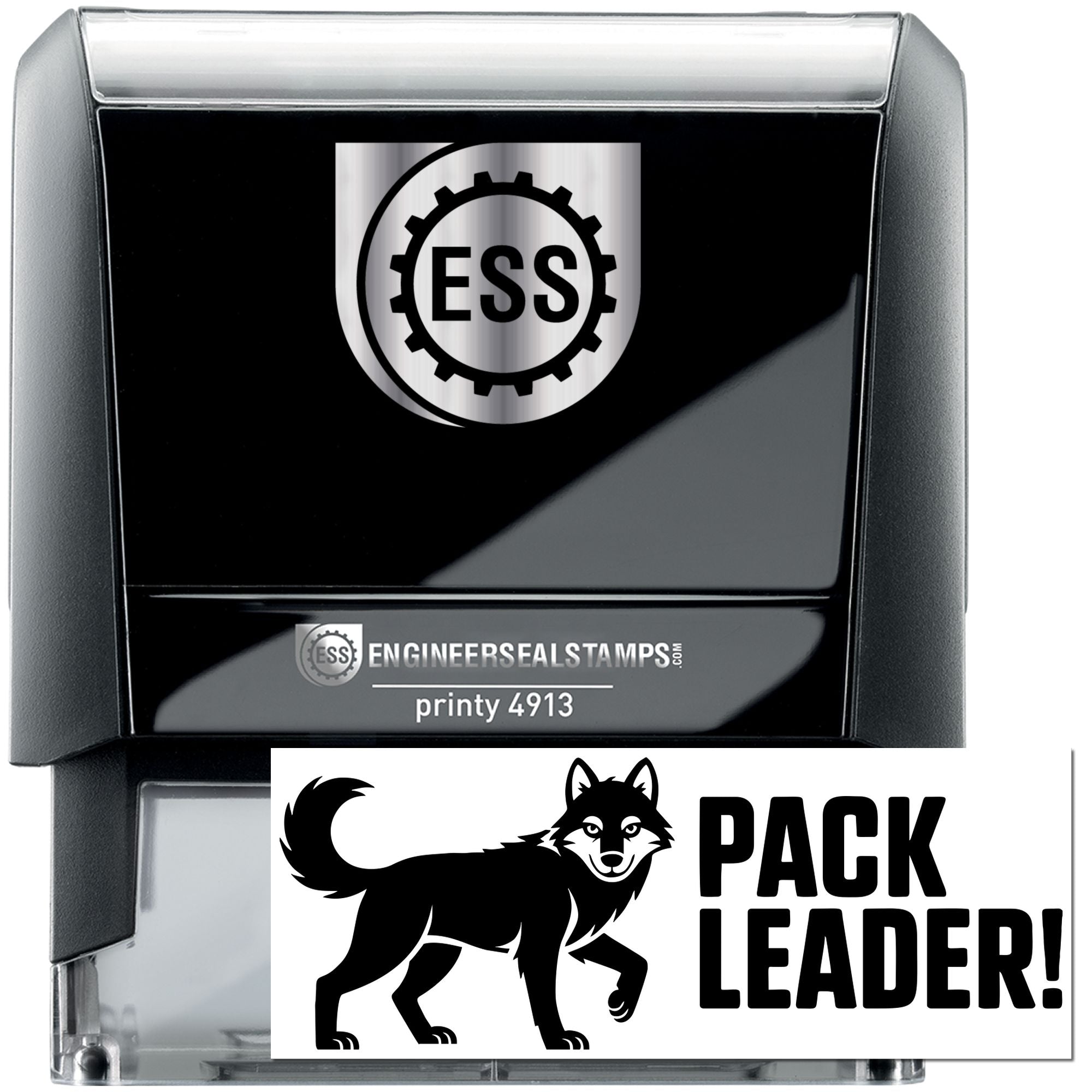 Black self-inking engineer seal stamp with silver ESS logo and white wolf PACK LEADER! stamp plate.