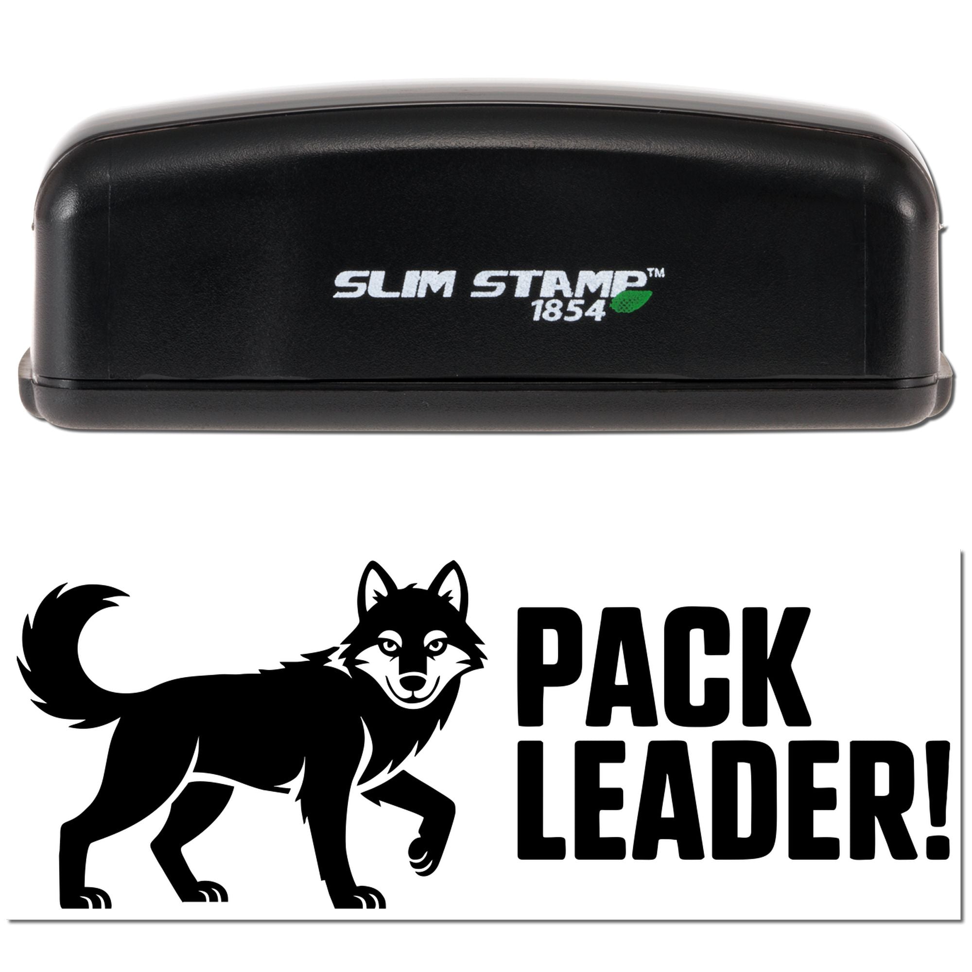 Black Slim Stamp 1854 rubber stamp with white logo, next to a Pack Leader wolf seal design on white.