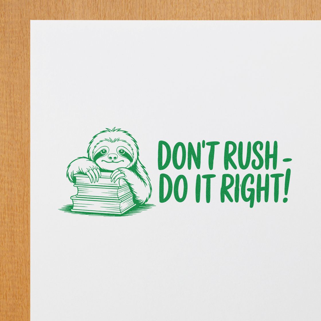 Green rubber stamp seal with a sloth leaning on papers and slogan DONT RUSH  DO IT RIGHT!