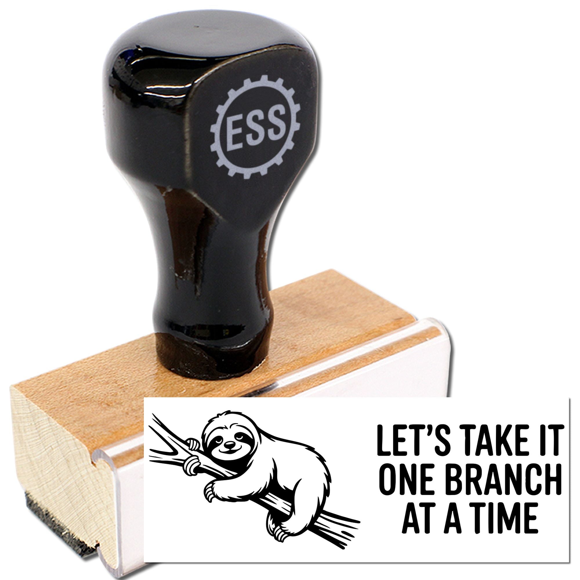Black rubber stamp with ESS logo on wood block and sloth seal reading Lets Take It One Branch at a Time