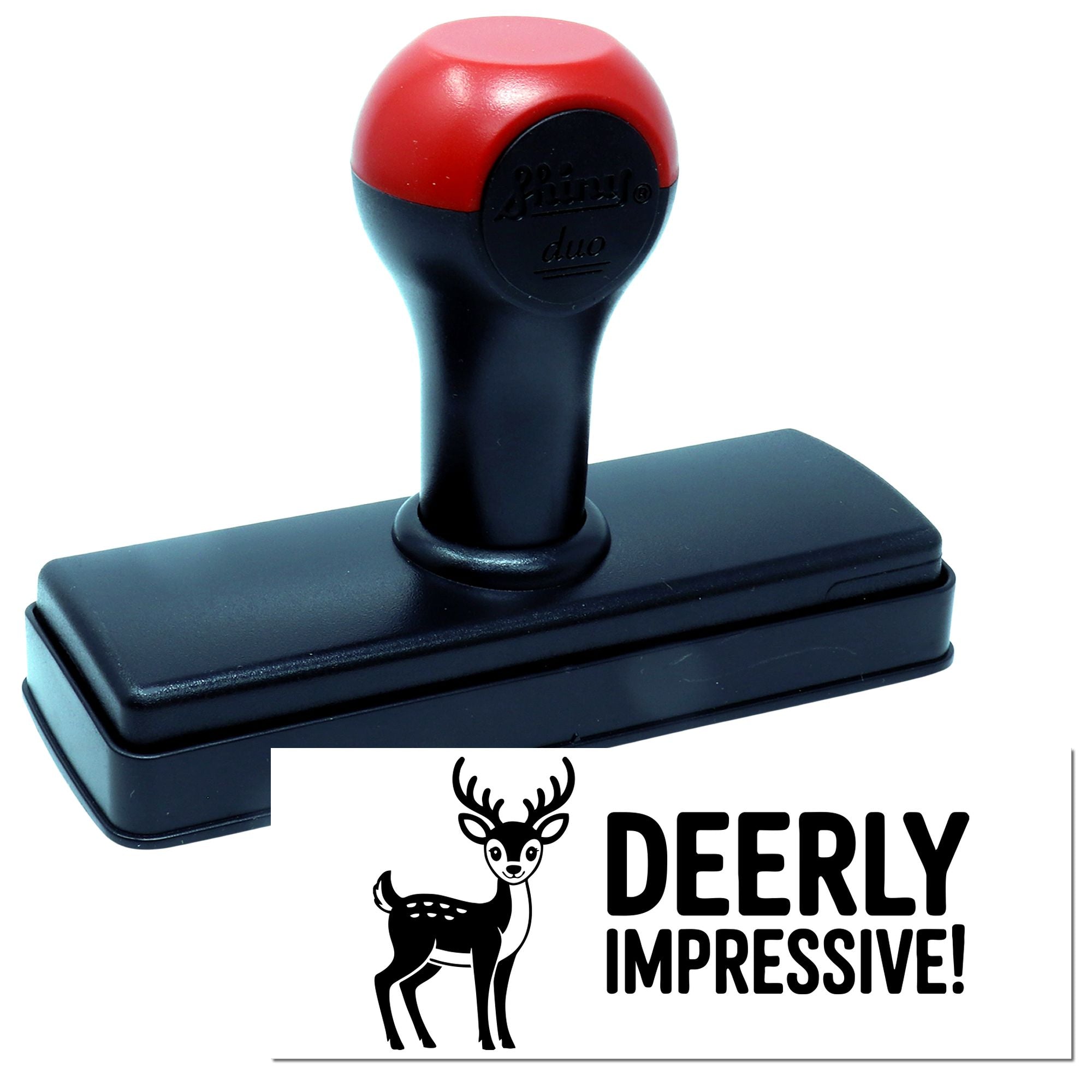 Red and black self-inking stamp and seal with black rectangular base and deer logo, featuring DEERLY IMPRESSIVE!