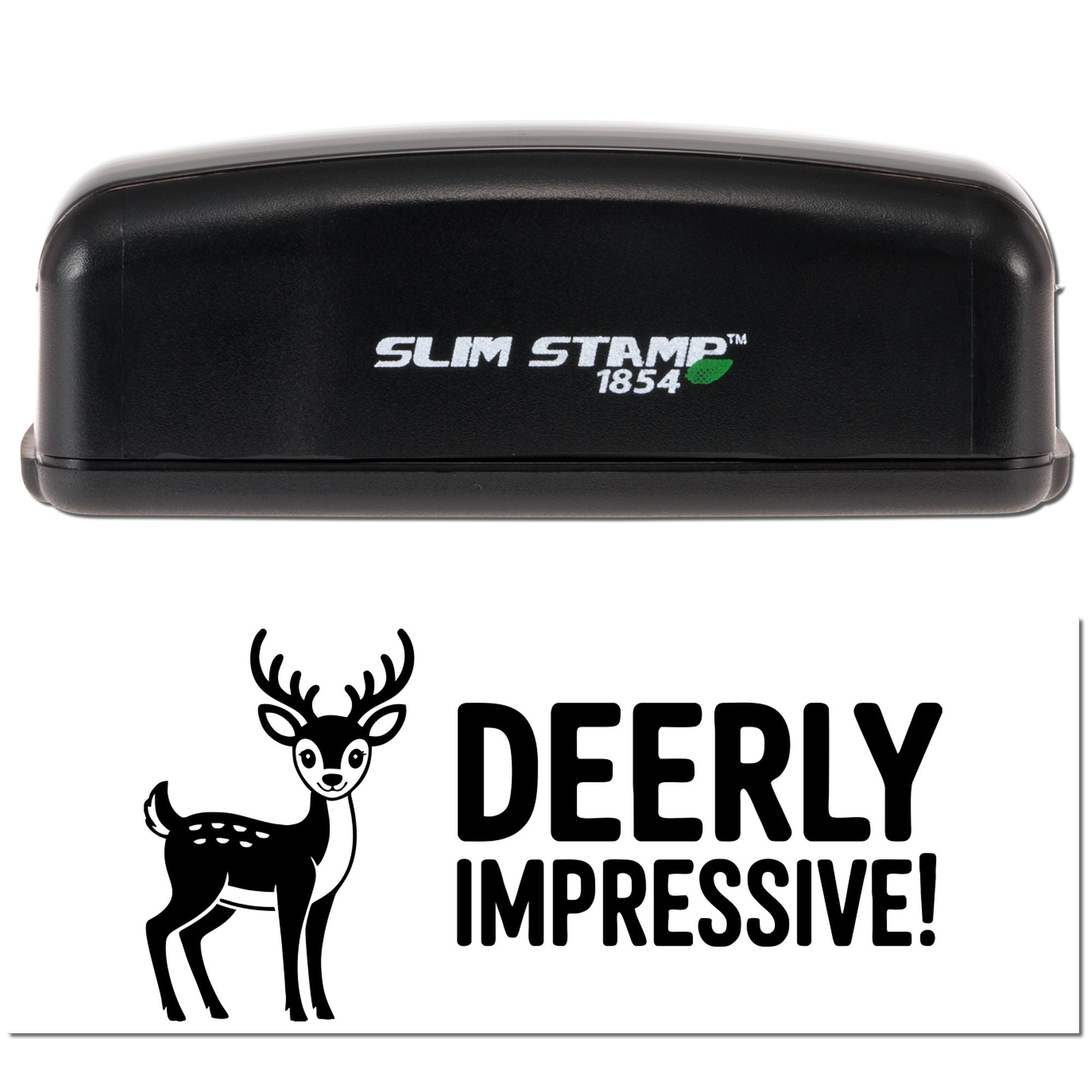 Black Slim Stamp 1854 self-inking stamp and seal with white deer logo and DEERLY IMPRESSIVE! on white background.