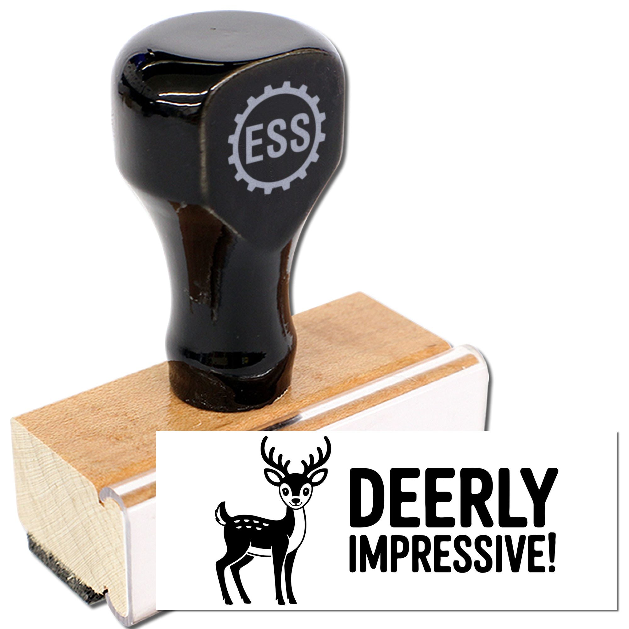 Black custom rubber stamp on wood base with ESS gear logo and deer-themed seal reading DEERLY IMPRESSIVE!