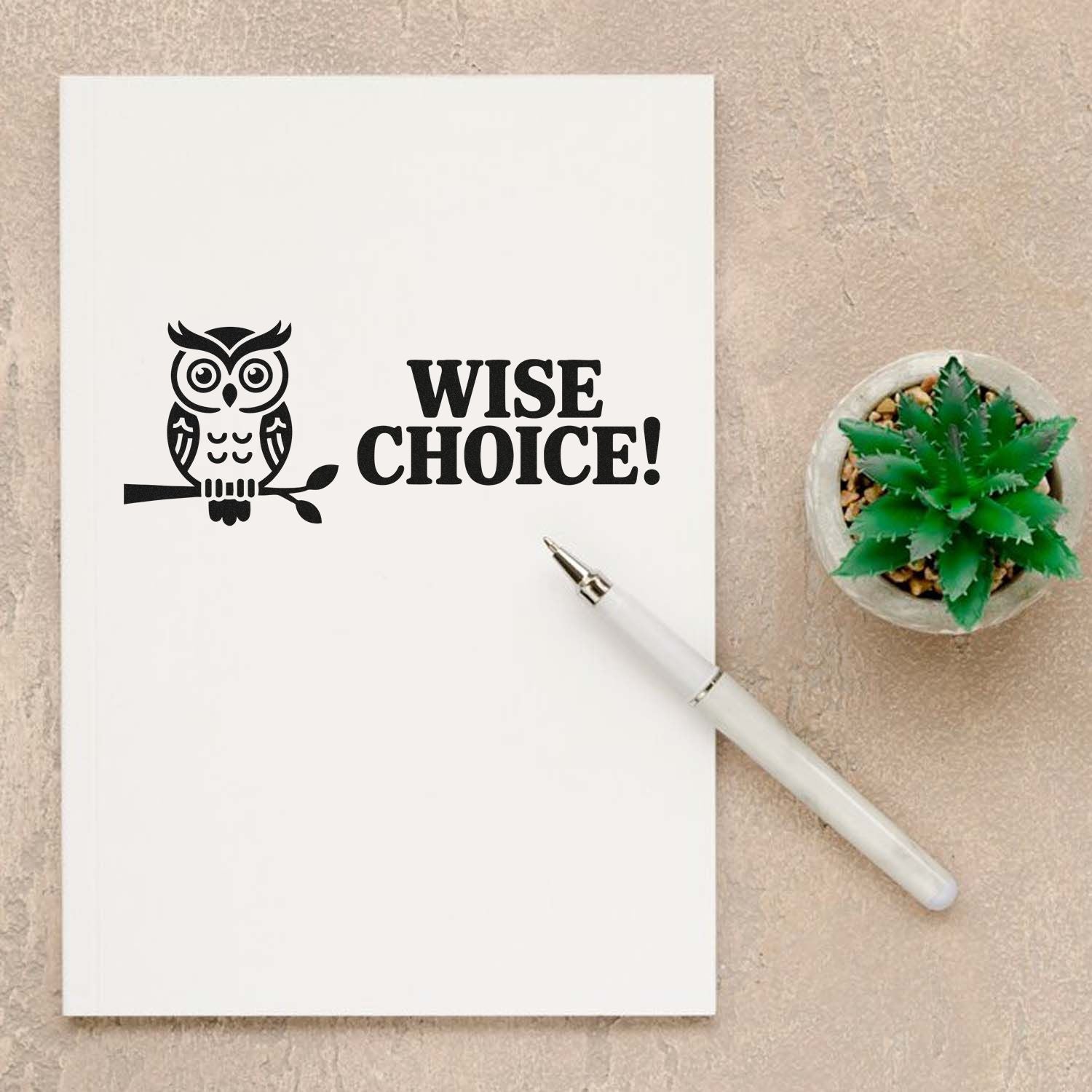 Black owl stamp with WISE CHOICE! on white paper, beside a white pen and green succulent seal product display.