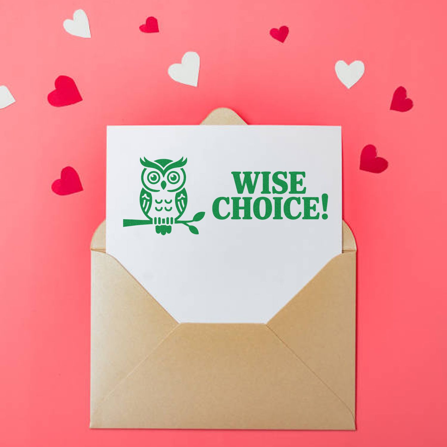 Green owl stamp and seal on a white card in a tan envelope, with WISE CHOICE! text on a pink background with hearts.