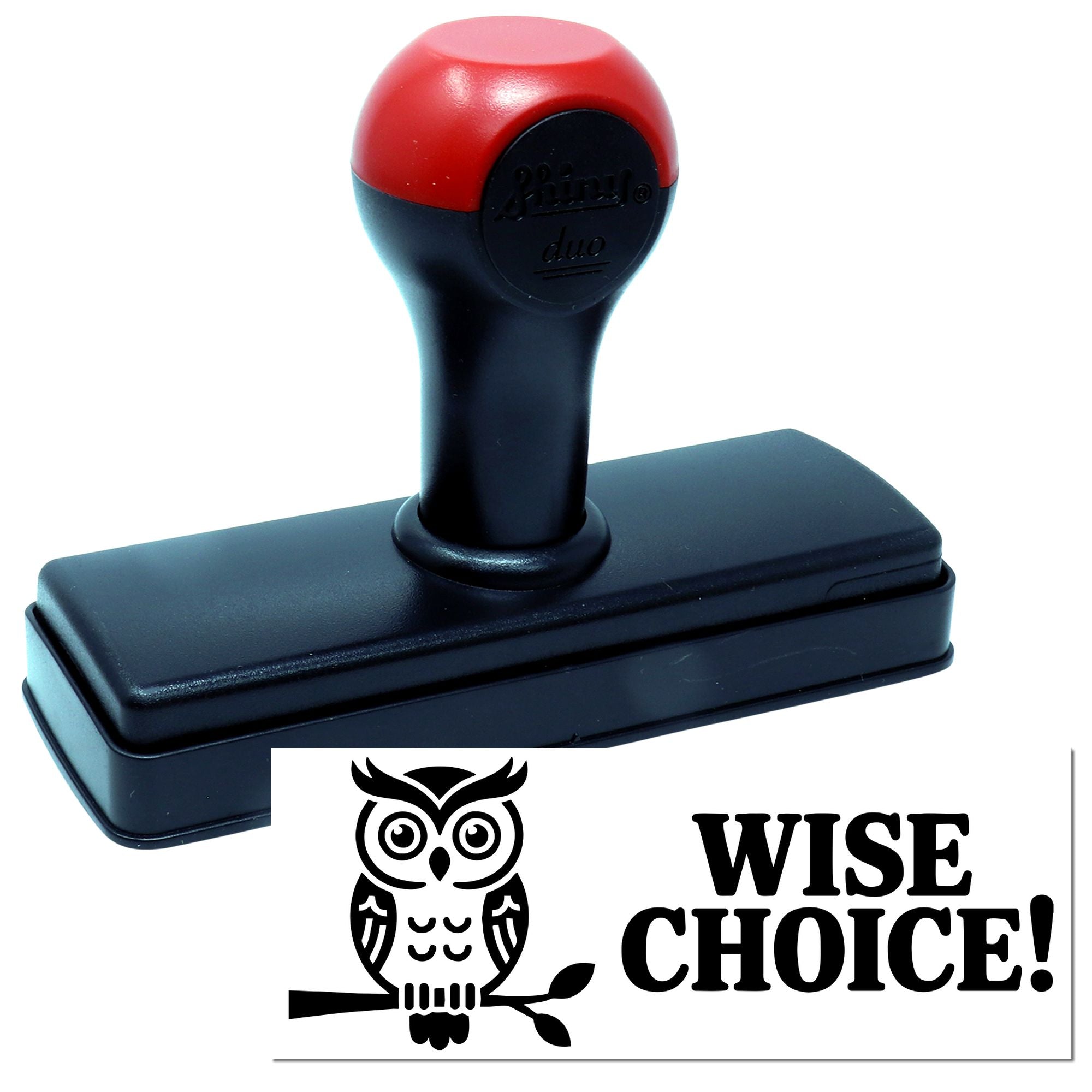 Red and black self-inking stamp and seal with owl logo and WISE CHOICE! imprint on white background