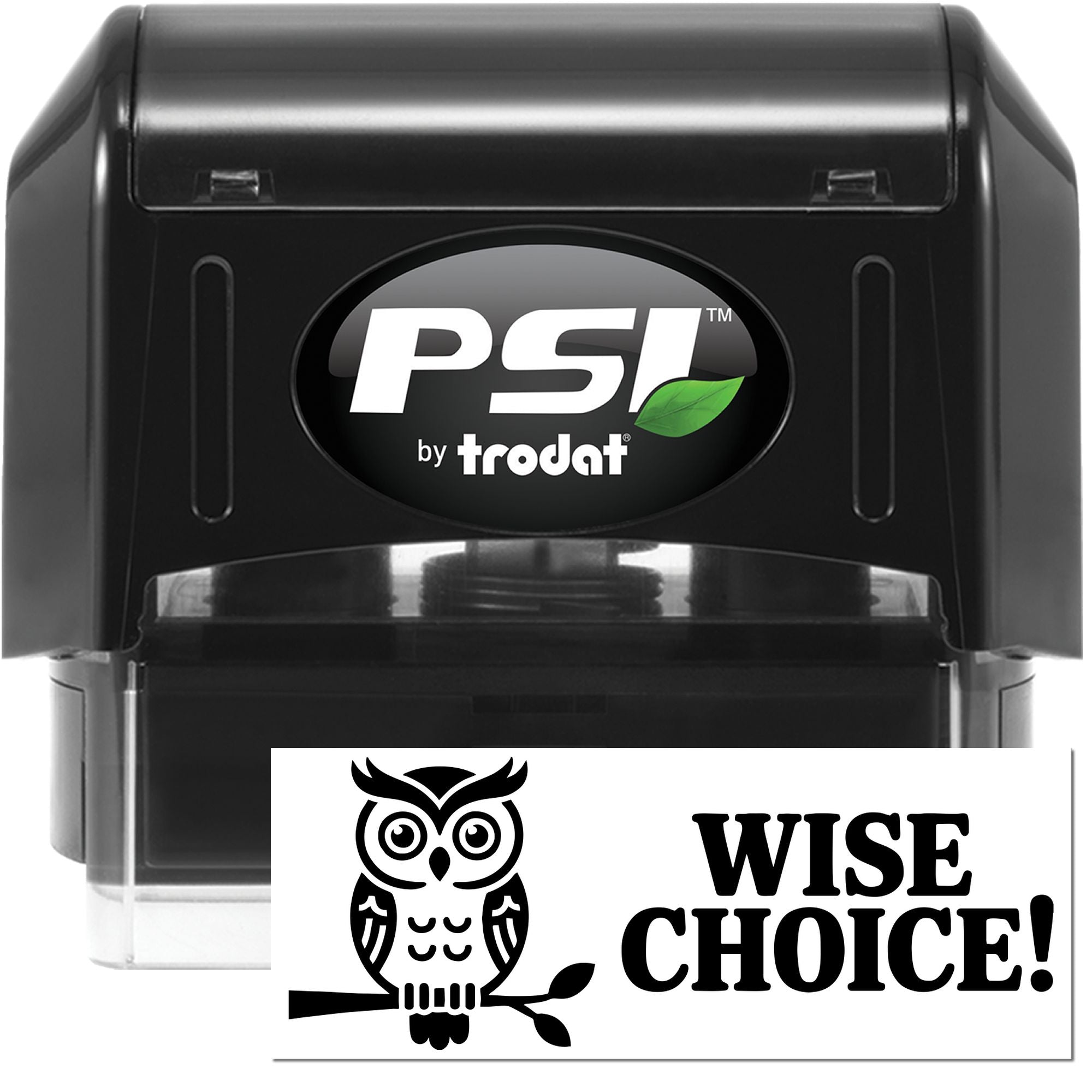 Black PSI by Trodat self-inking stamp and seal set with green leaf logo and Wise Choice owl design.