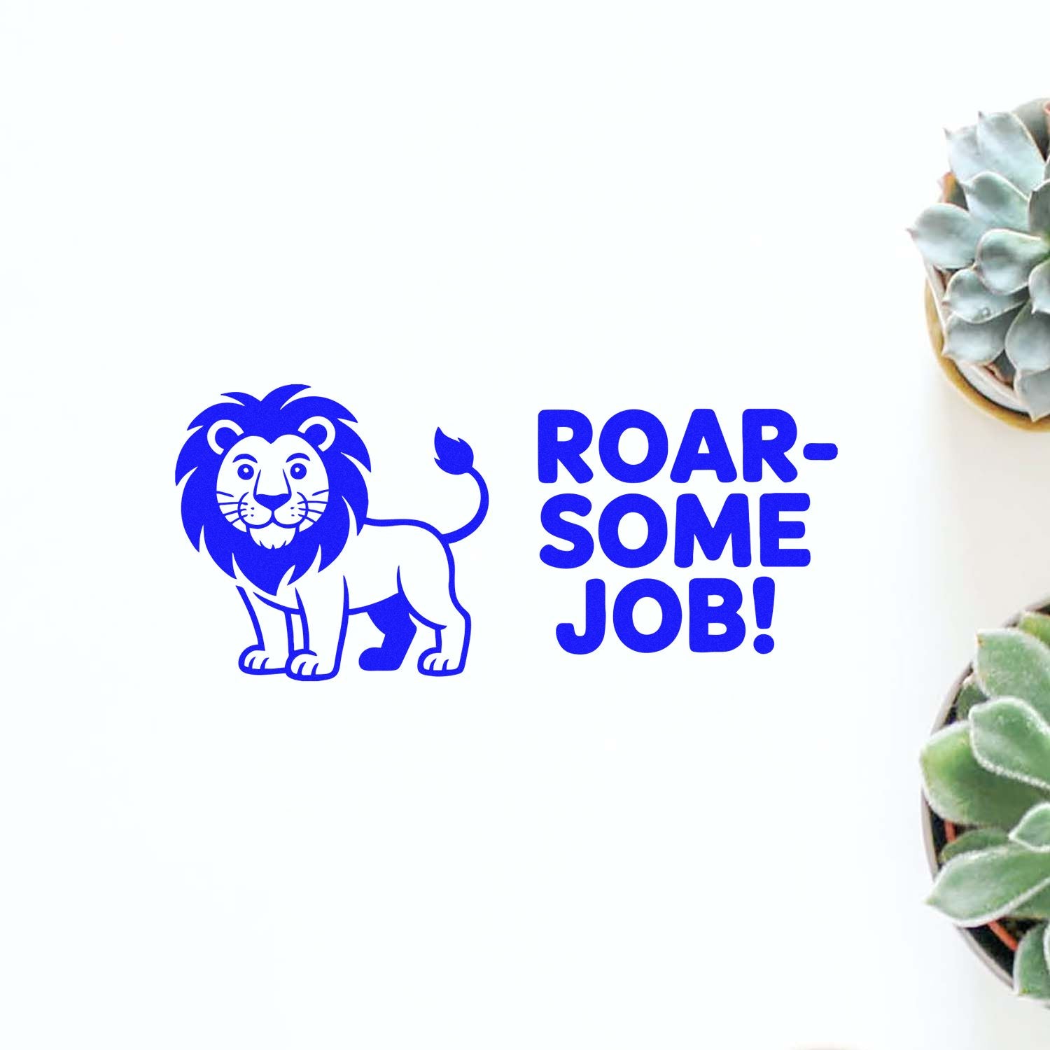 Blue lion stamp and seal design with ROAR-SOME JOB! text in bright blue on a white background.