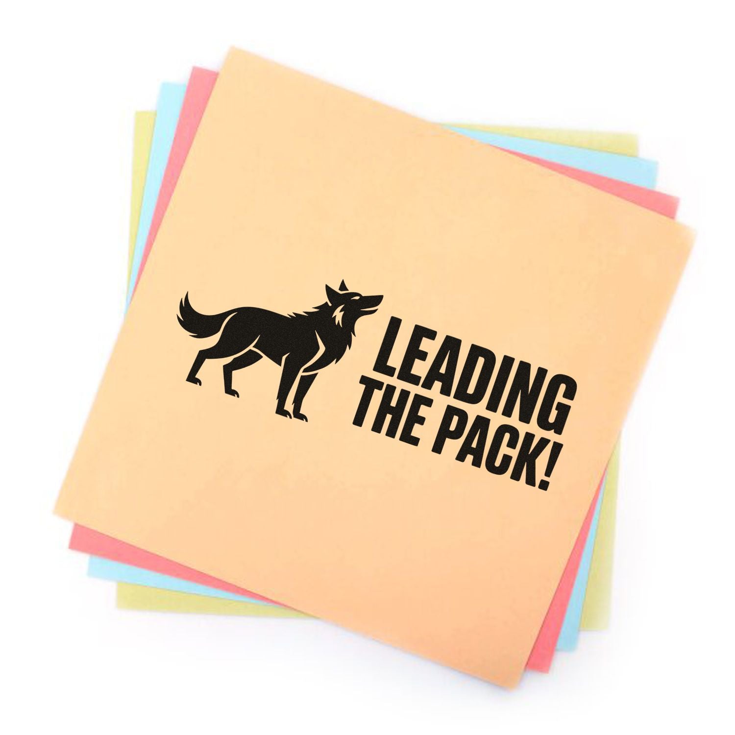 Stacked pastel stamp sheets with black wolf seal and bold black LEADING THE PACK! on peach paper.