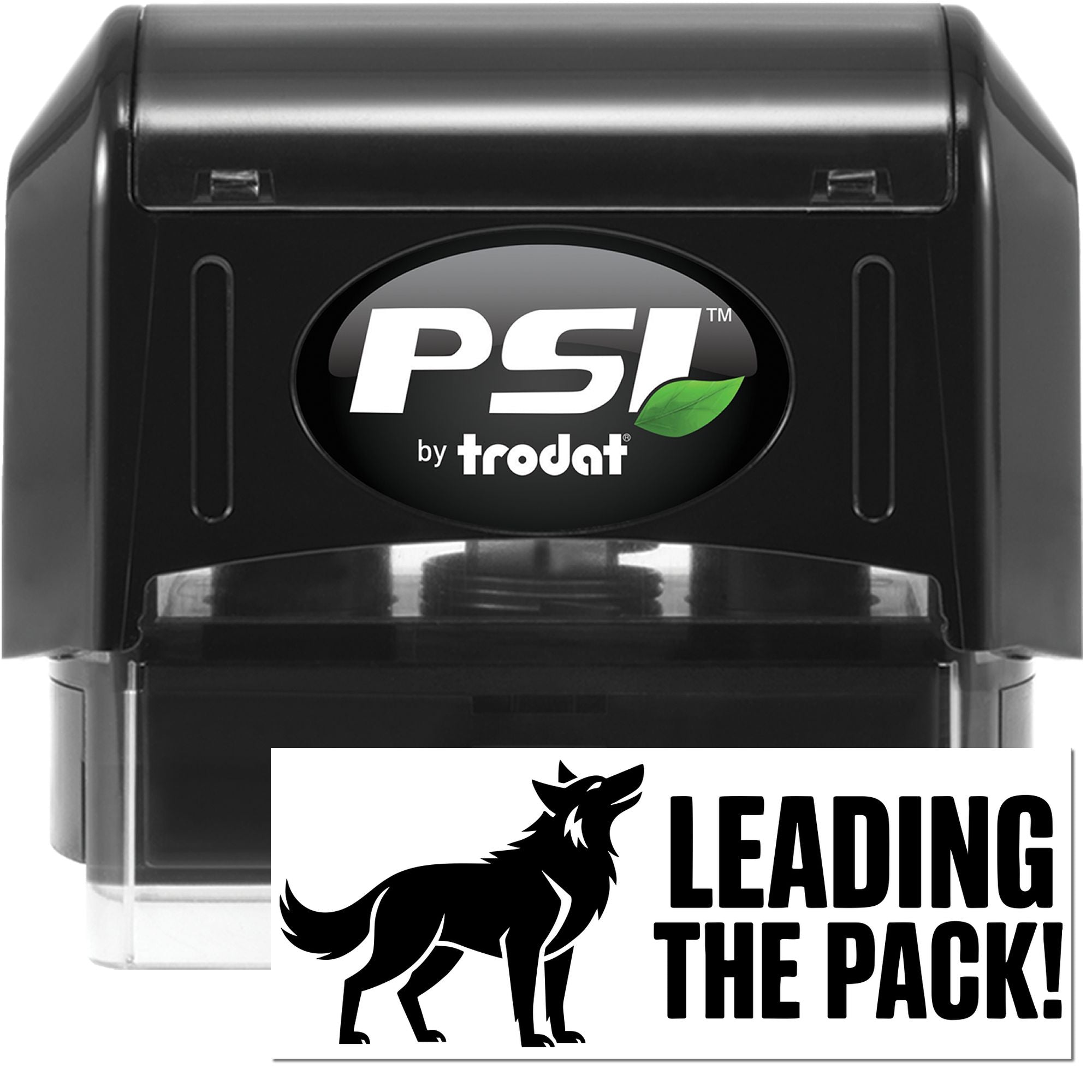 Black PSI by Trodat self-inking stamp and seal with green leaf logo and Leading the Pack design.