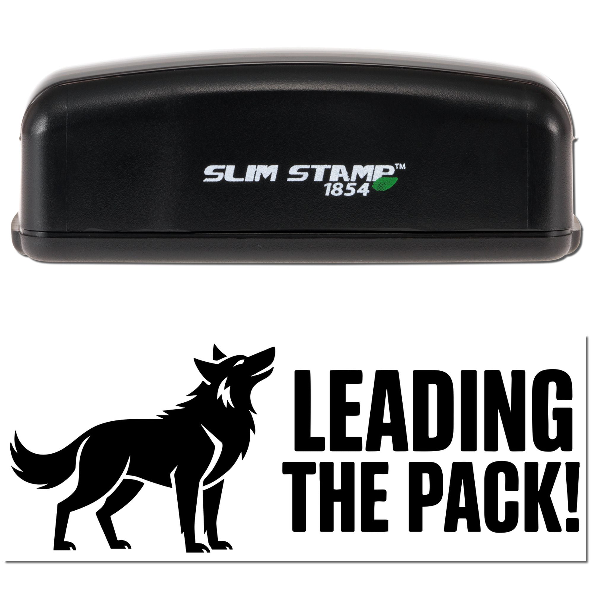 Black Slim Stamp 1854 stamp and seal with wolf logo and bold LEADING THE PACK! text on white background.