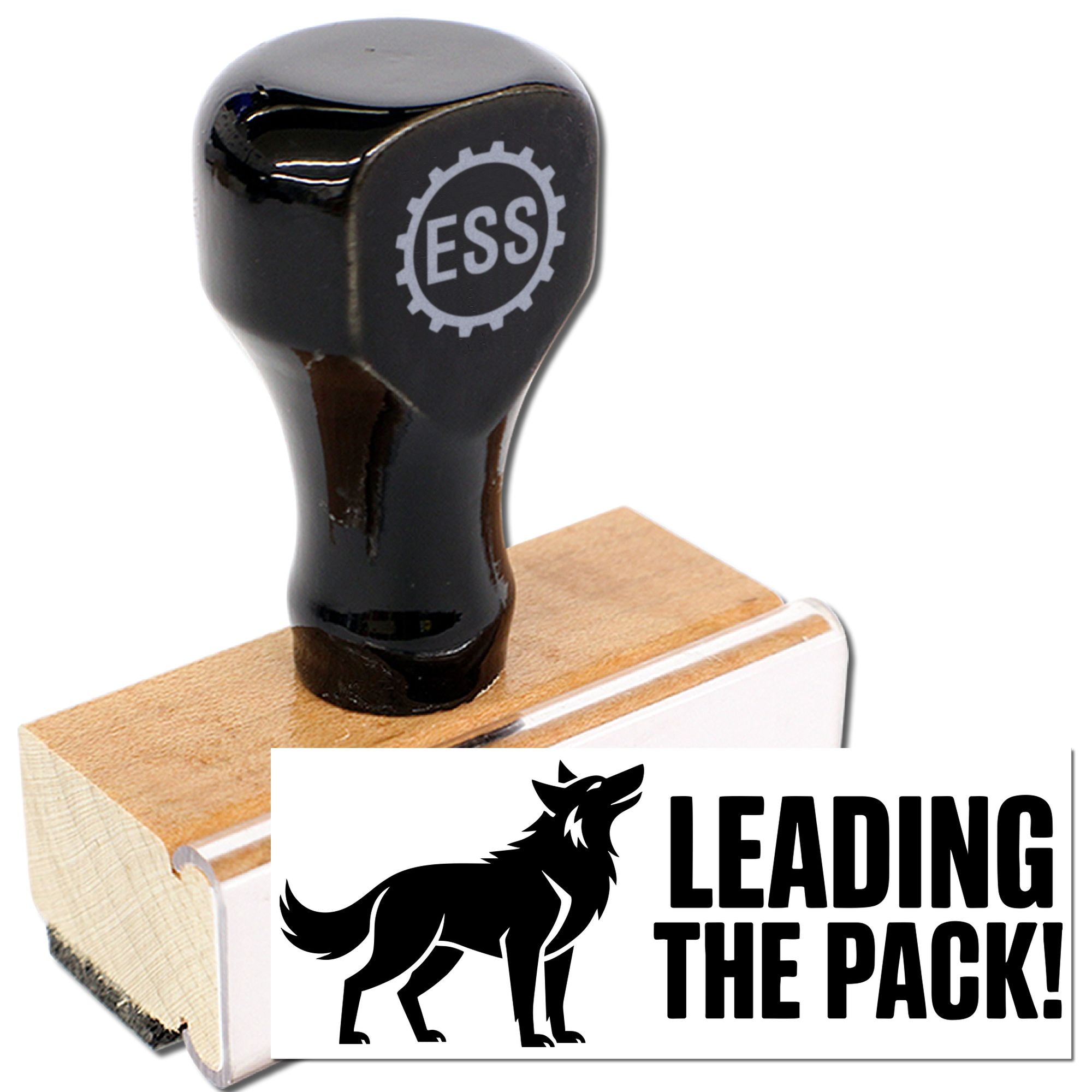 Black ESS rubber stamp with wooden base, featuring a wolf seal design and bold LEADING THE PACK text.