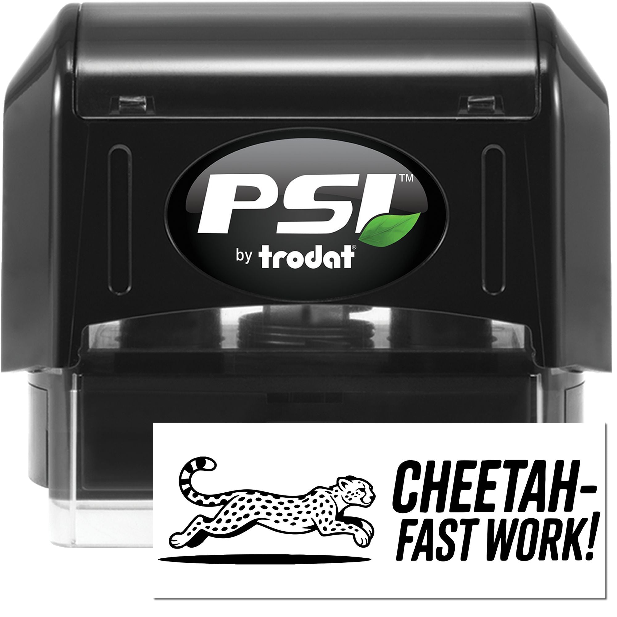 Black PSI by Trodat self-inking stamp with cheetah Fast Work! seal imprint on white card.