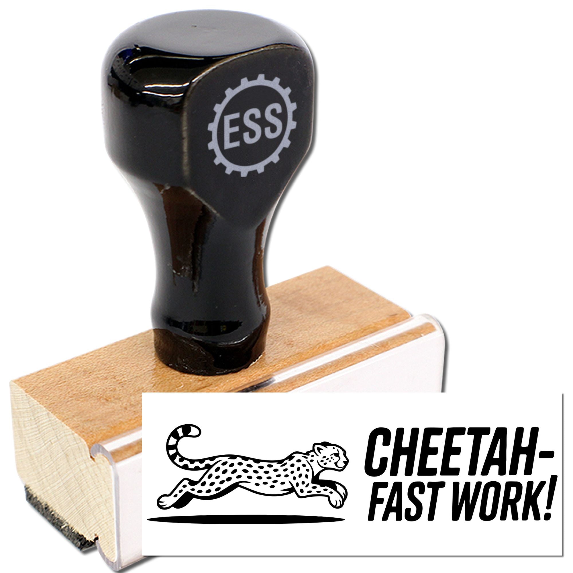 Black rubber stamp and seal with ESS logo on wooden block, beside cheetah graphic and CHEETAH-FAST WORK! print.