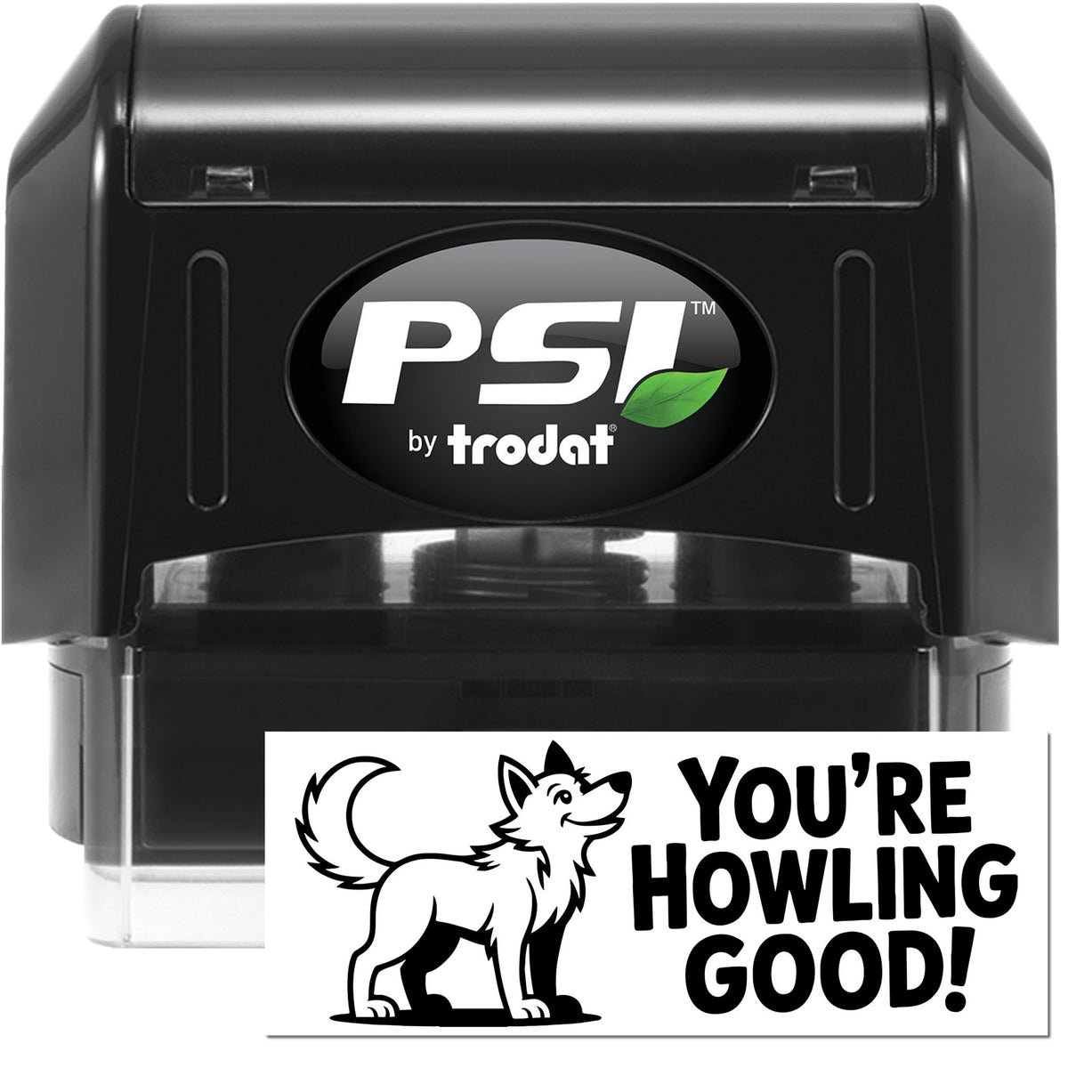 Trodat Motivational Teacher Leading Pack PSI pre-inked stamp with black ink, featuring a teacher leading a pack illustration.