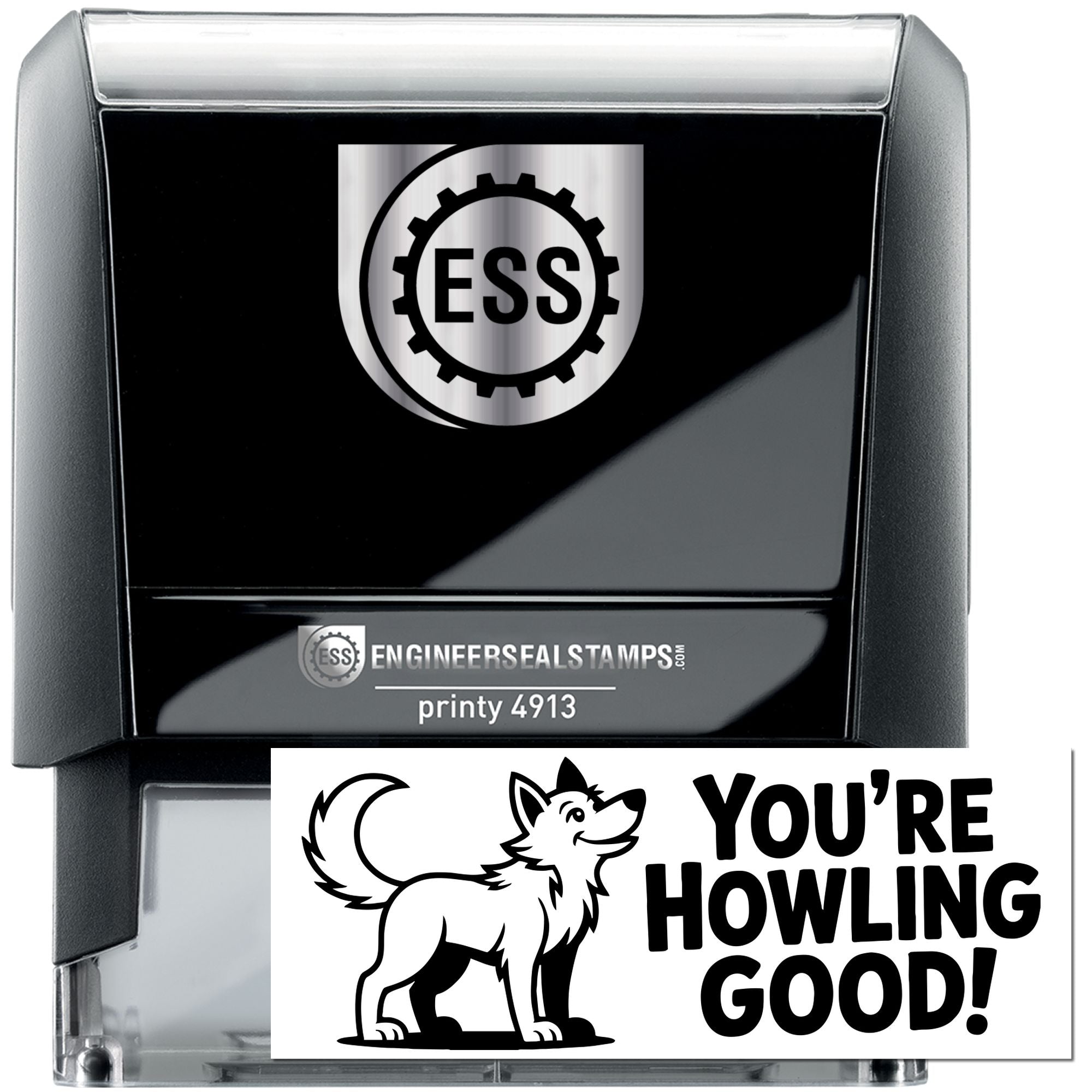 Black self-inking ESS stamp and seal with silver logo, plus white wolf graphic reading Youre howling good!