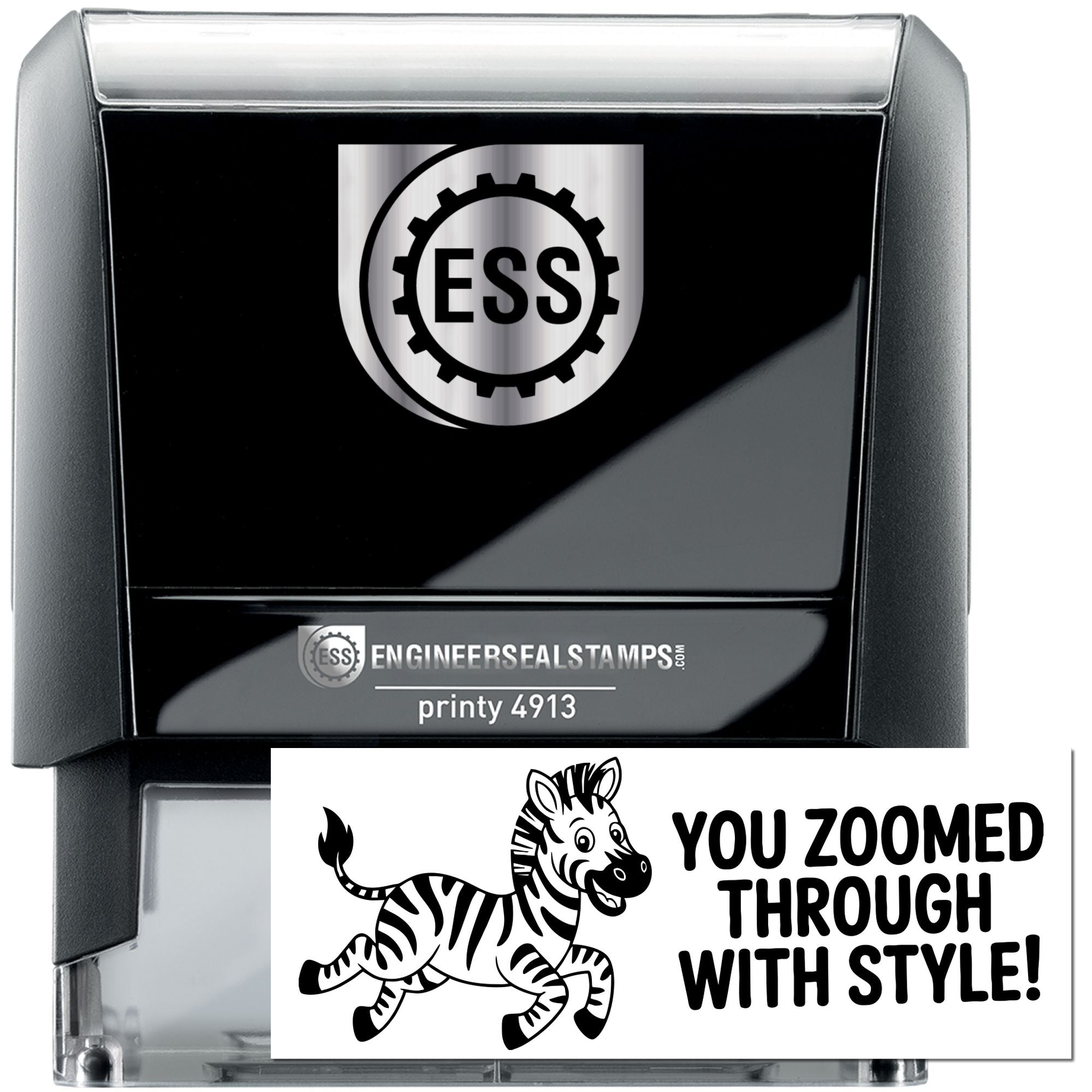 Black and silver ESS self-inking stamp and seal with gear logo, zebra graphic, and bold text sample.