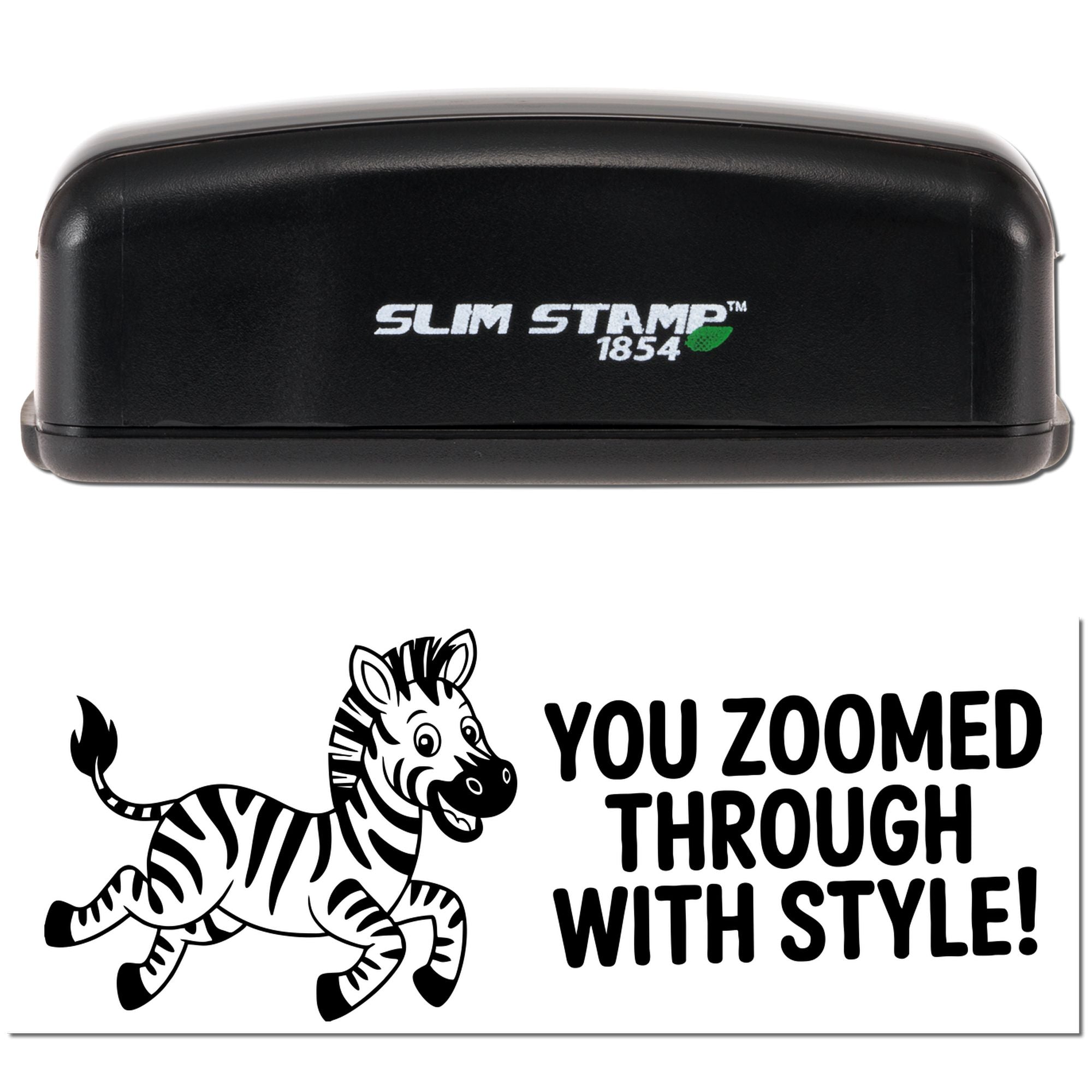 Black Slim Stamp 1854 stamp and seal with green leaf logo, showing a zebra design and bold You zoomed through with style! text.