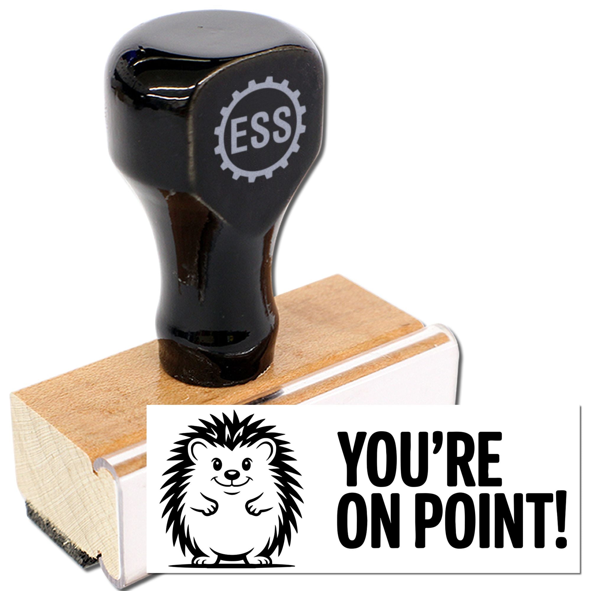 Black stamp and seal set with ESS logo on wooden base and white card reading Youre on Point! with hedgehog graphic.