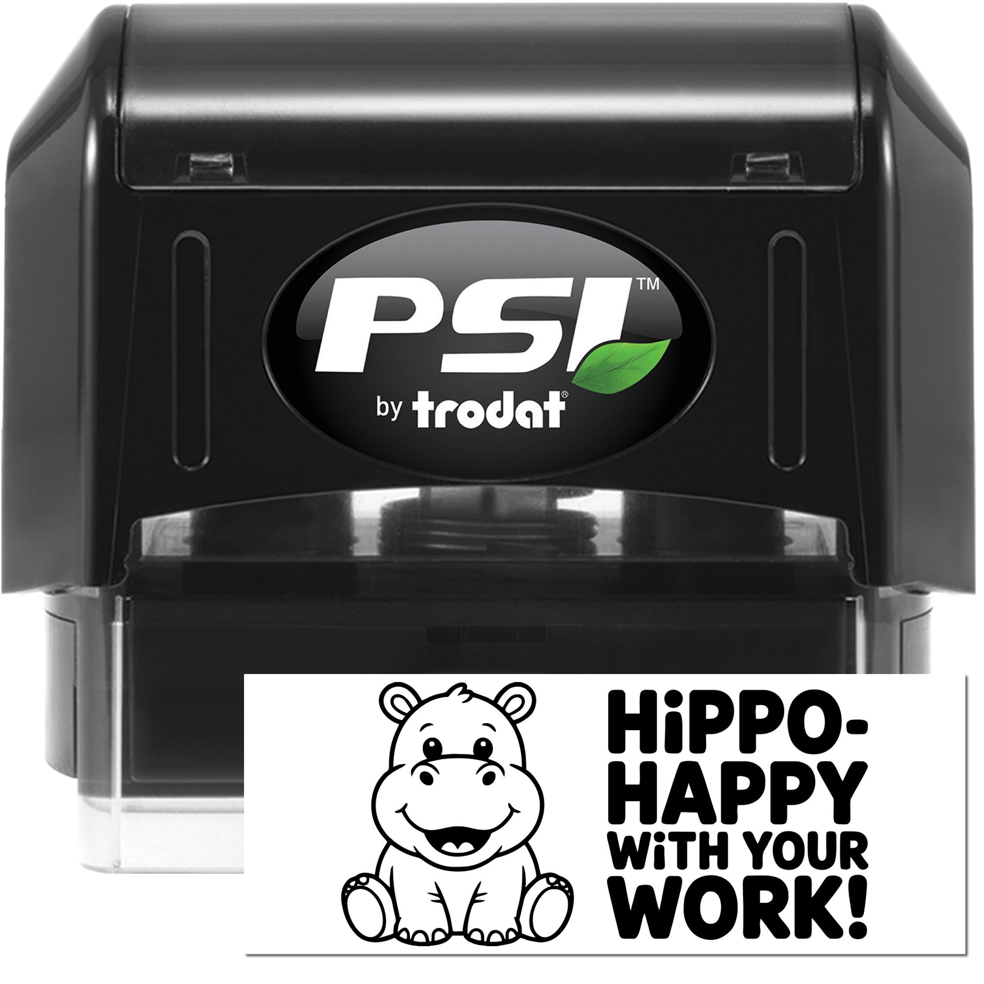 Black PSI by Trodat self-inking stamp and seal set with hippo graphic and Hippo-Happy With Your Work! text.