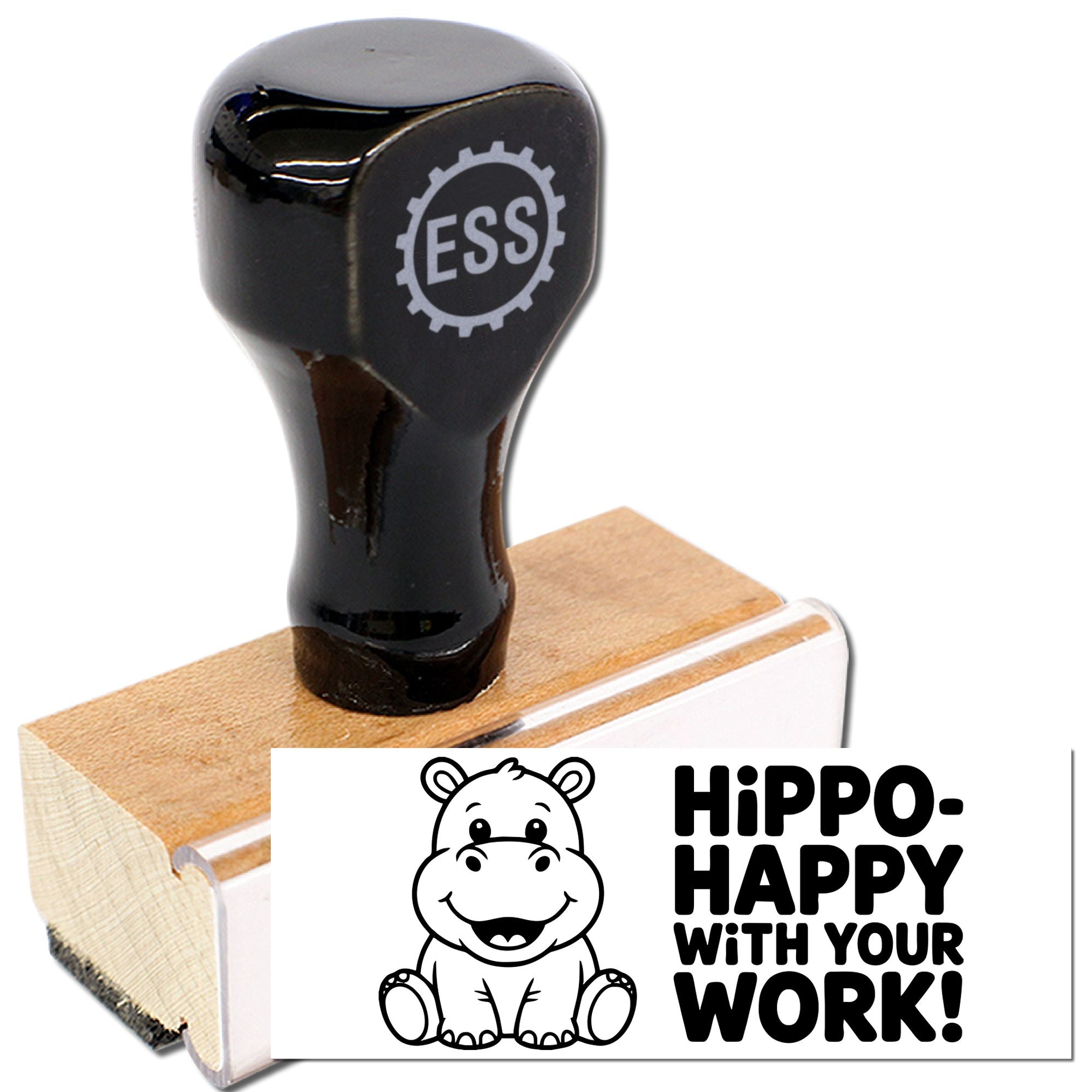 Black ESS rubber stamp on wooden handle with hippo seal and Happy with your work! design